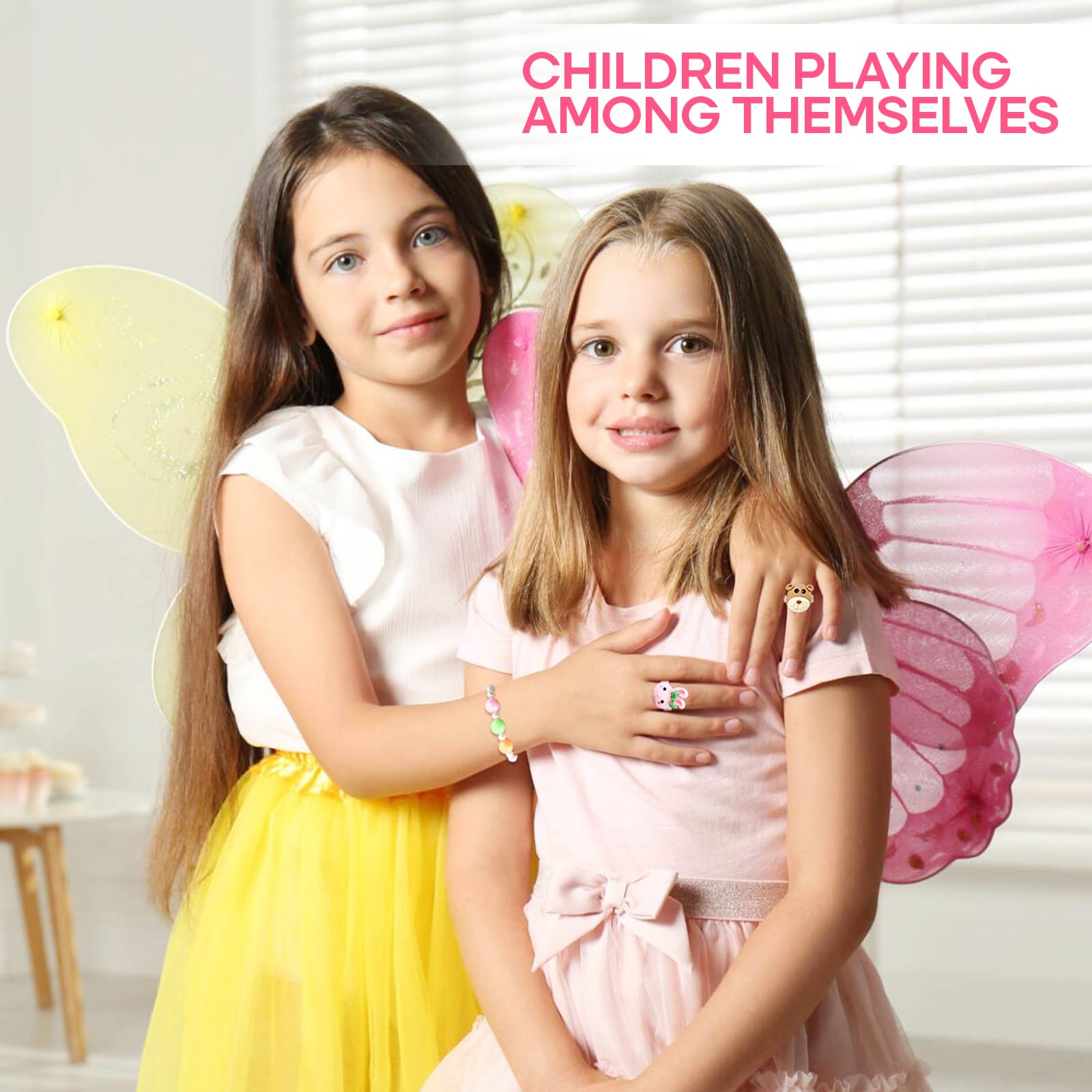 **Adjustable Pink Little Girl Jewelry Rings Set - Cute Pretend Play Dress Up Rings for Kids with Display Case - Perfect for Birthday Party Favors, Gifts & Role Play**