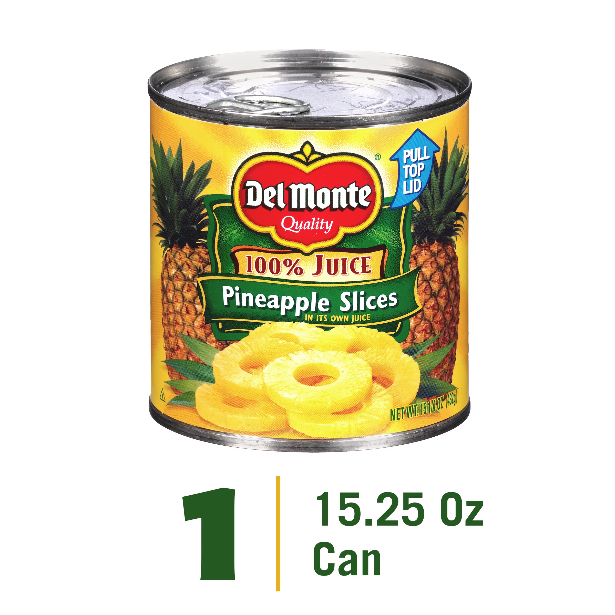 DEL MONTE Sliced Pineapple in 100% Juice, 15.25 oz Canned Fruit - Sweet & Juicy Pineapple Slices for Snacks, Desserts, Smoothies & Tropical Recipes