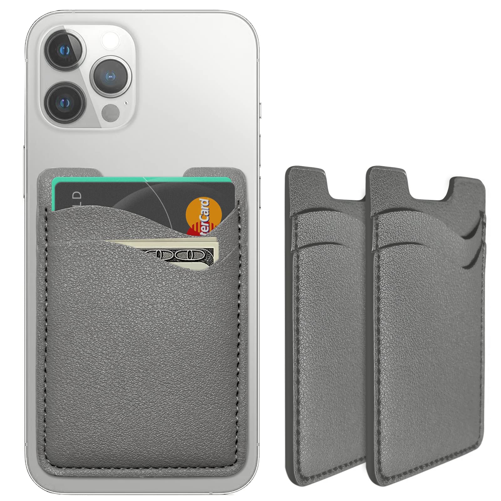 Premium Leather Phone Card Holder - Sticky Back Wallet for iPhone & Samsung - Stretchy Credit Card Holder for Most Smartphones (2 Pack, Grey) - Perfect for Travel, Shopping & Daily Use