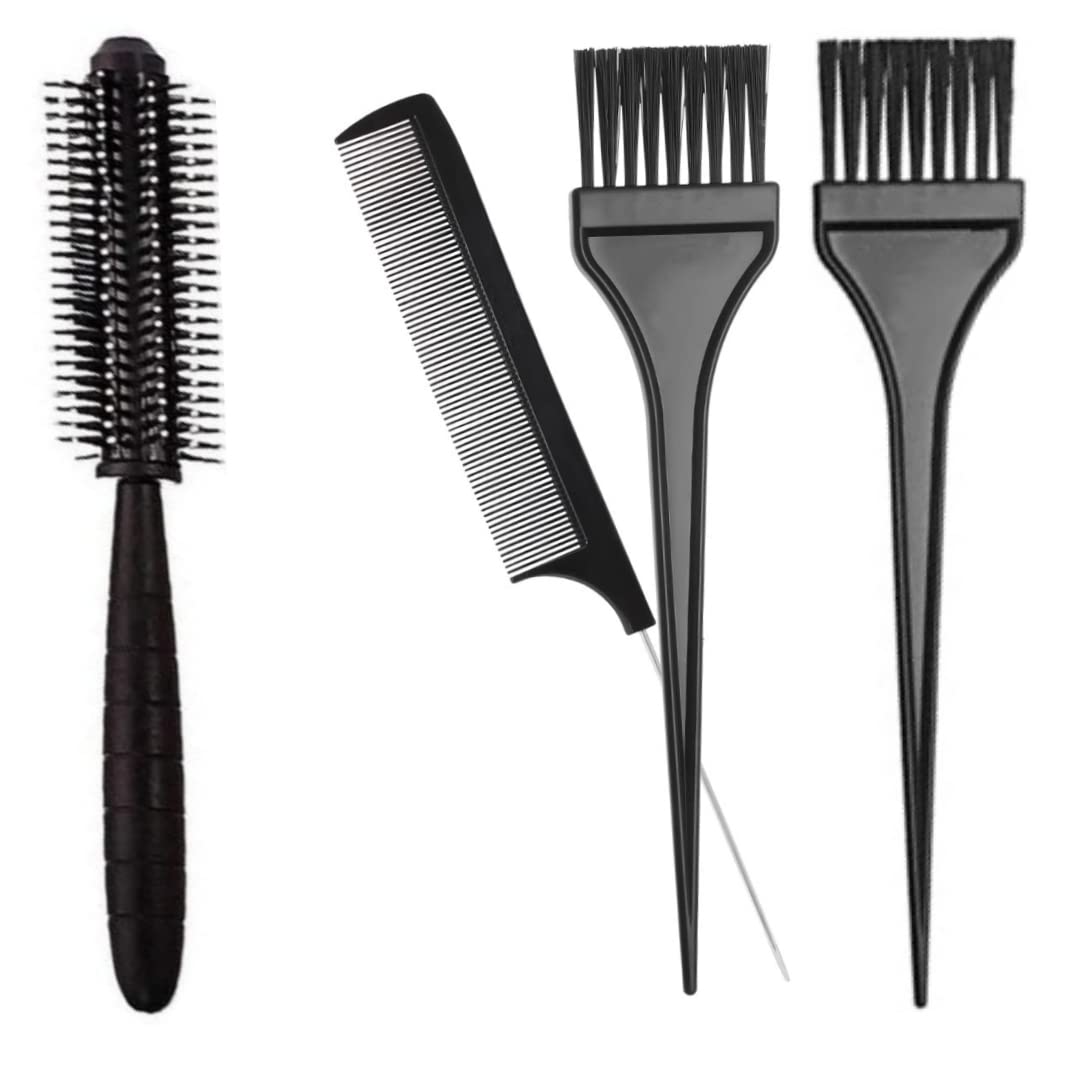 Professional Maple Hair Coloring Kit - 4-Piece Plastic Dye Brush, Tail Comb & Round Hair Blush Set for Salon & Home Use - Perfect for Men & Women's Hair Coloring, Mehndi Application & Styling