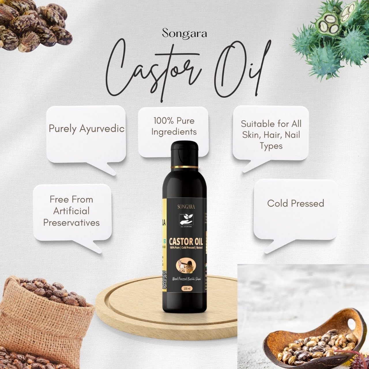 100% Pure Cold Pressed Castor Oil for Hair Growth, Skin & Nails - Natural Ayurvedic Arandi Taila (3.4 fl oz) - Promotes Thicker Hair, Healthy Skin & Strong Nails - Perfect for Hair Care, Massage & Beauty Routines