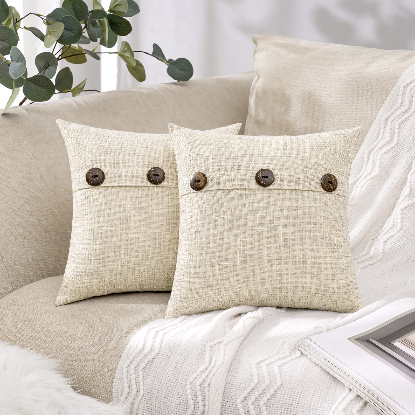 MIULEE Set of 2 Vintage Farmhouse Linen Throw Pillow Covers - 12x12 Inch Beige Cushion Cases with Triple Button Closure for Sofa, Couch & Bed Decor - Perfect for Living Room, Bedroom & Farmhouse Style Home Decor