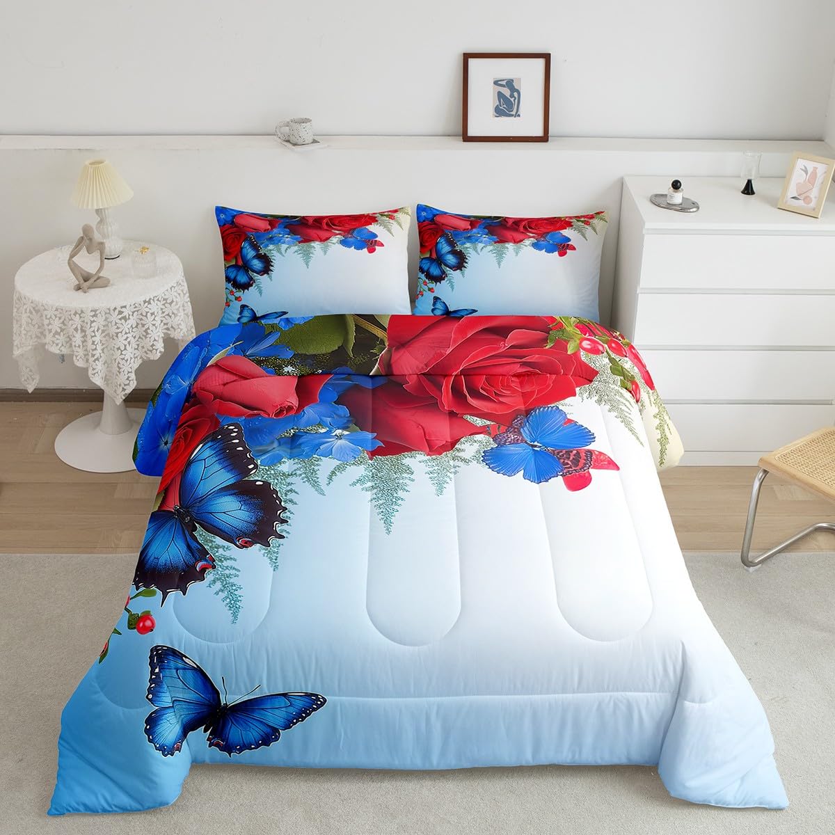 Erosebridal Rose Comforter Set with Butterflies - Red & Blue Butterfly Duvet Cover for Kids & Teens - Twin Size Floral Quilted Bedding Set - Aesthetic Garden Flower Bedroom Decor - Perfect for Youth Rooms, Guest Bedrooms & Cozy Cottage Style Homes