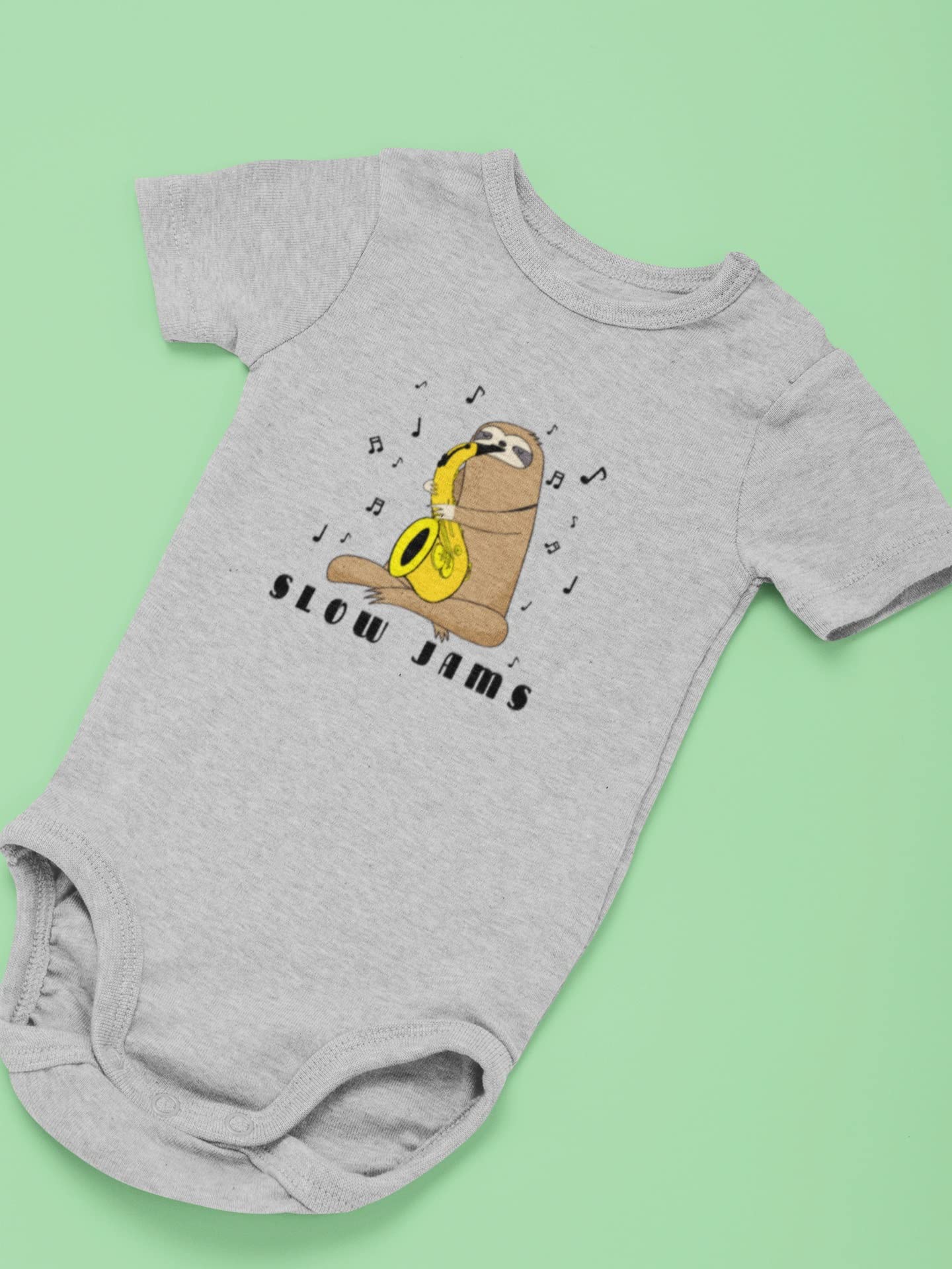 Sloth Slow Jams Funny Pun Saxophone Soft Baby Onesie - Heather Grey 0-3 Months | Cute Newborn Outfit for Photo Shoots & Playtime