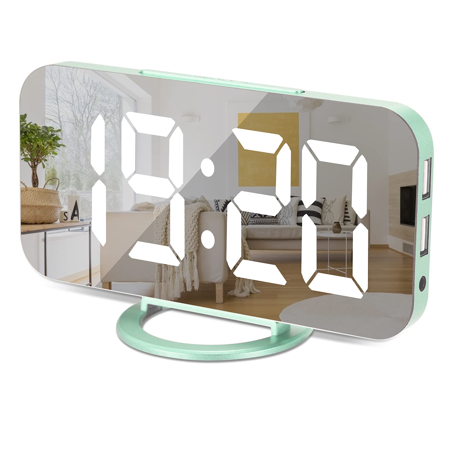 Large Digital LED Alarm Clock with Mirror Surface - 3 Brightness Levels, Dimming Mode & Dual USB Ports for Bedroom, Home Decor, Makeup Vanity - Modern Green Clock for Nightstand, Office, Gift