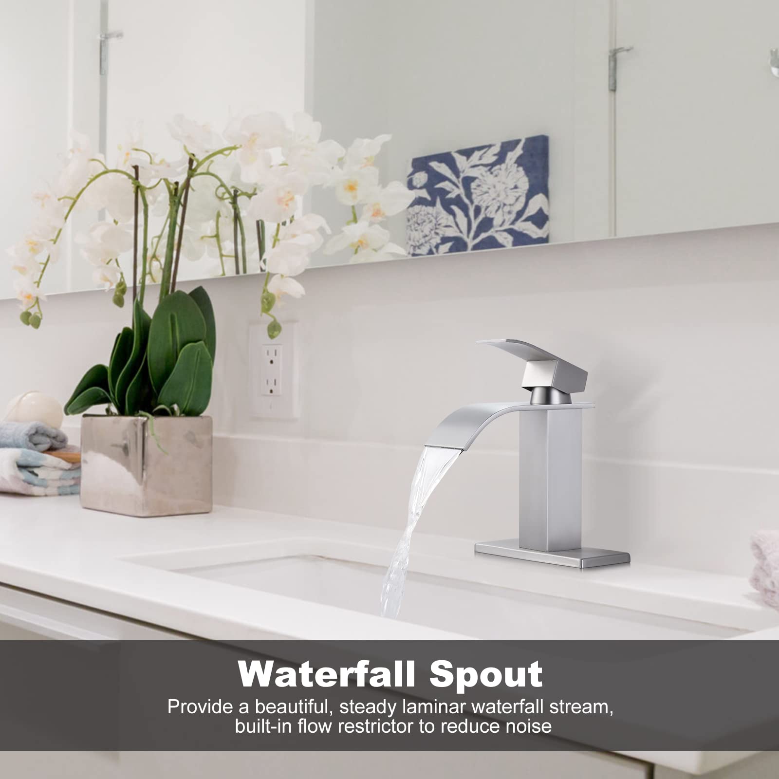 ARCORA Brushed Nickel Waterfall Bathroom Faucet - Single Hole Sink Mixer for Modern Bathrooms