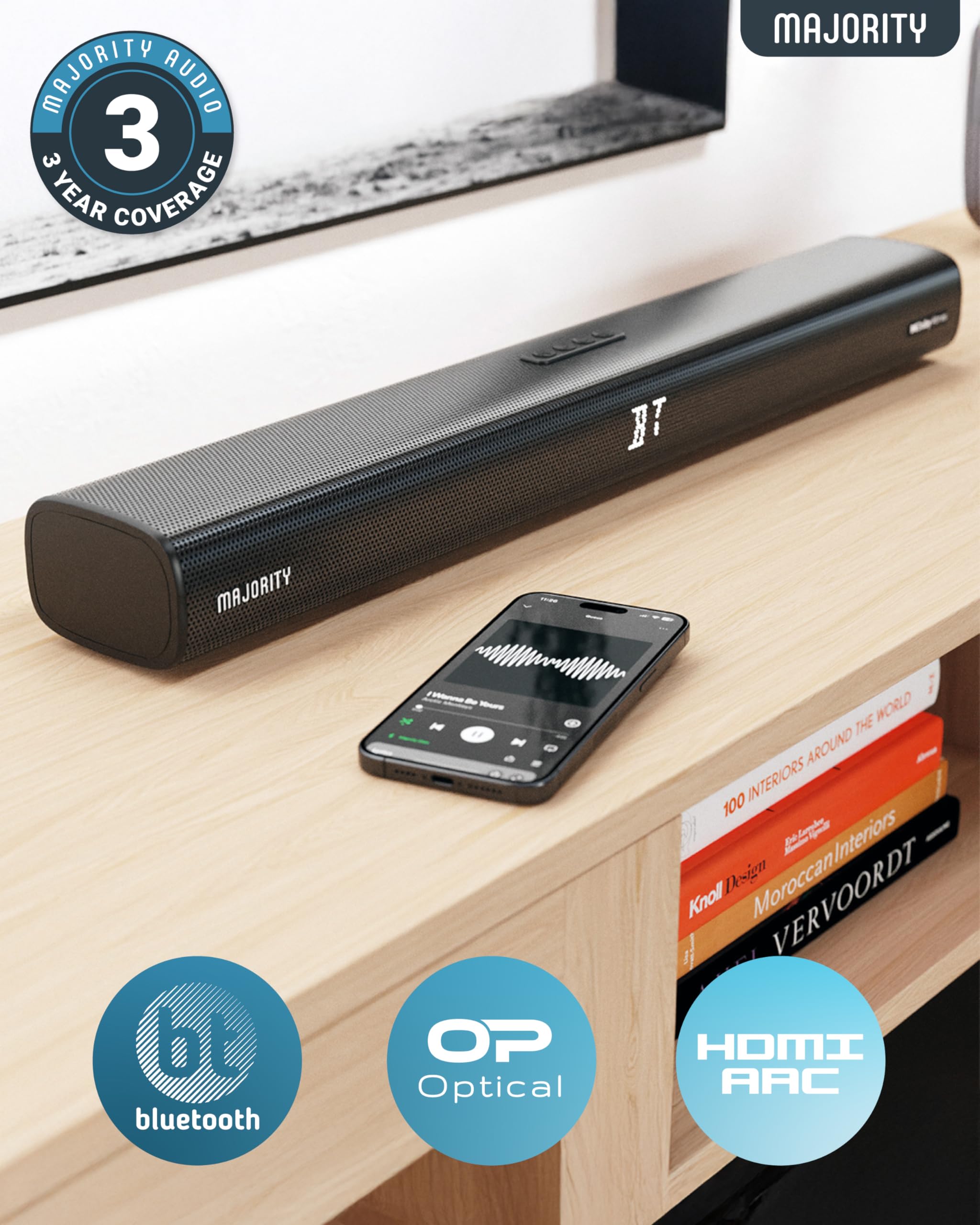 MAJORITY 2.0.2 Dolby Atmos Soundbar with 160W Upfiring Speakers - Bluetooth 3D Sound, Wall Mountable, Digital Display & EQ Controls - HDMI/Optical/Aux Inputs - Includes Mounting Bracket & Remote - Perfect for Home Theater & Gaming Setup