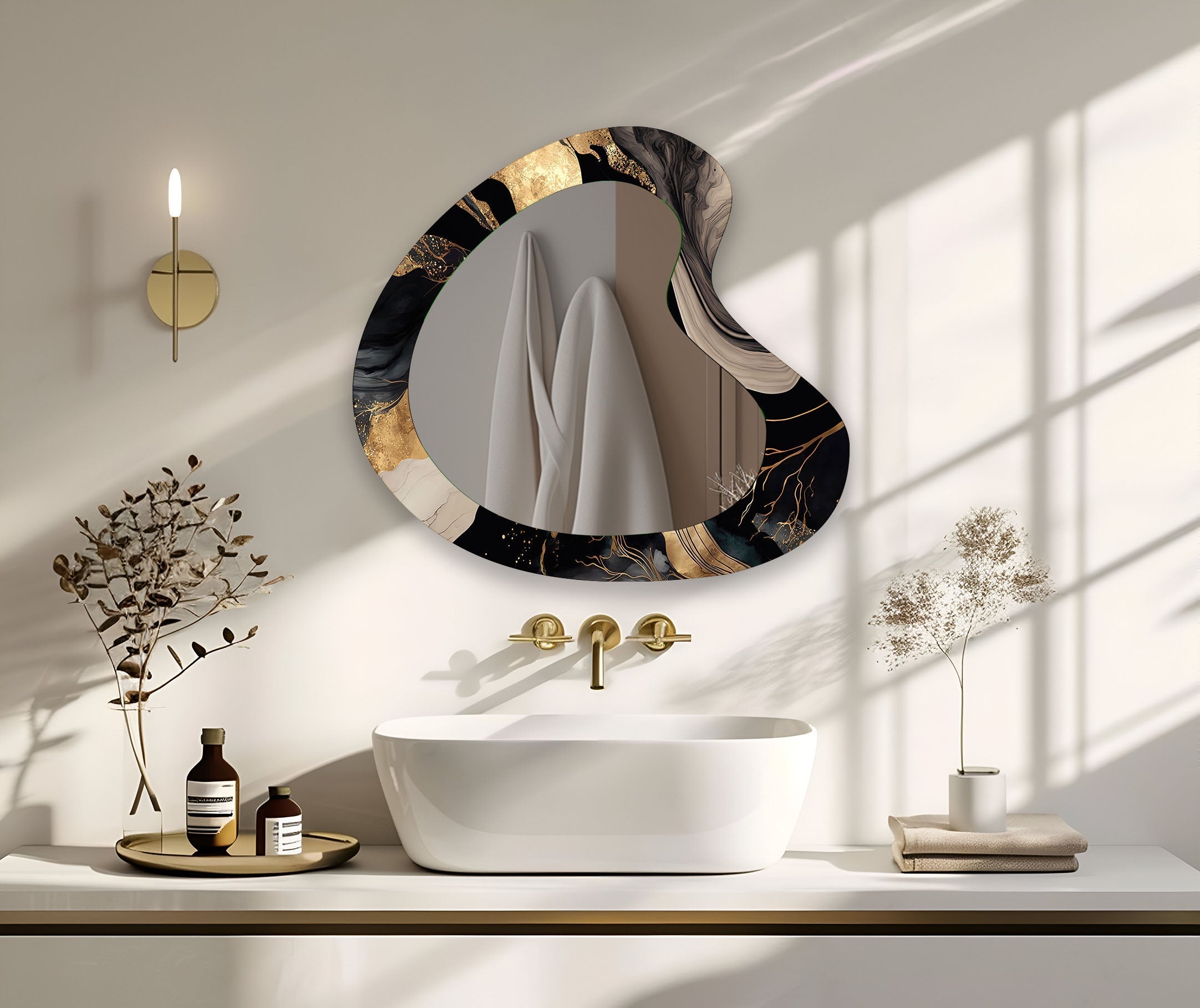 Elegant Black Marble Wall Mirror - Modern Round Decorative Mirror for Living Room, Bedroom, Bathroom & Entryway - Home Decor & Interior Design Accent Piece