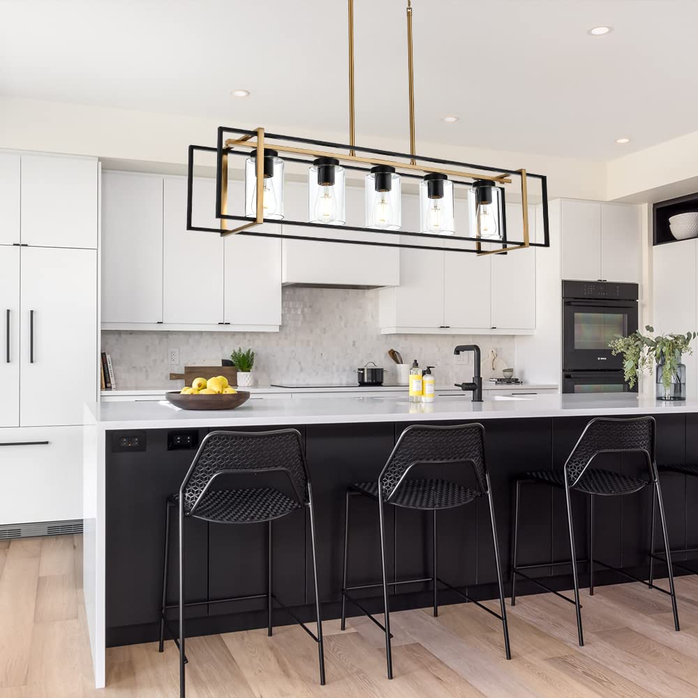 5-Light Farmhouse Chandelier Black Brass Rectangular Pendant Light with Clear Glass Shades - Rustic Island Lighting for Dining Room, Kitchen, Bar & Restaurant Decor