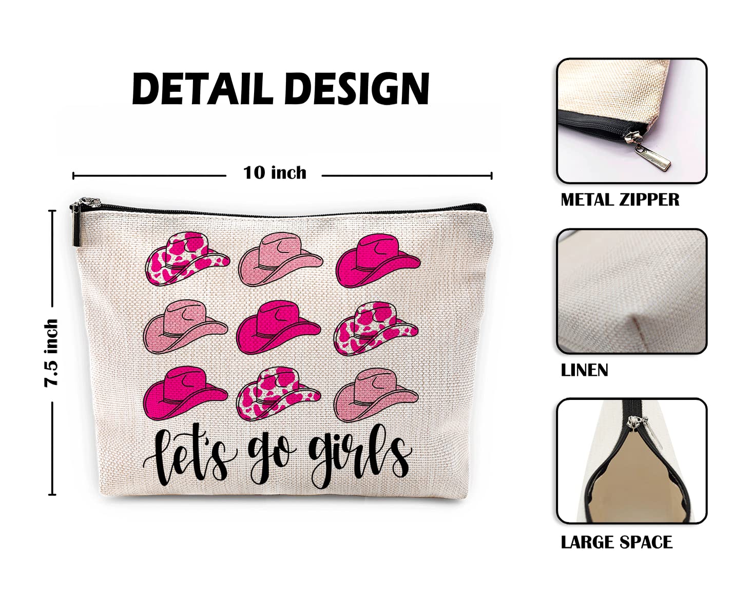 Let's Go Girls Hot Pink Preppy Cowgirl Hats Makeup Bag - Western Country Cosmetic Pouch for Women & Teen Girls - Perfect Christmas Birthday Gift - Cowgirl Themed Accessories for Travel, Rodeo & Country Music Festivals