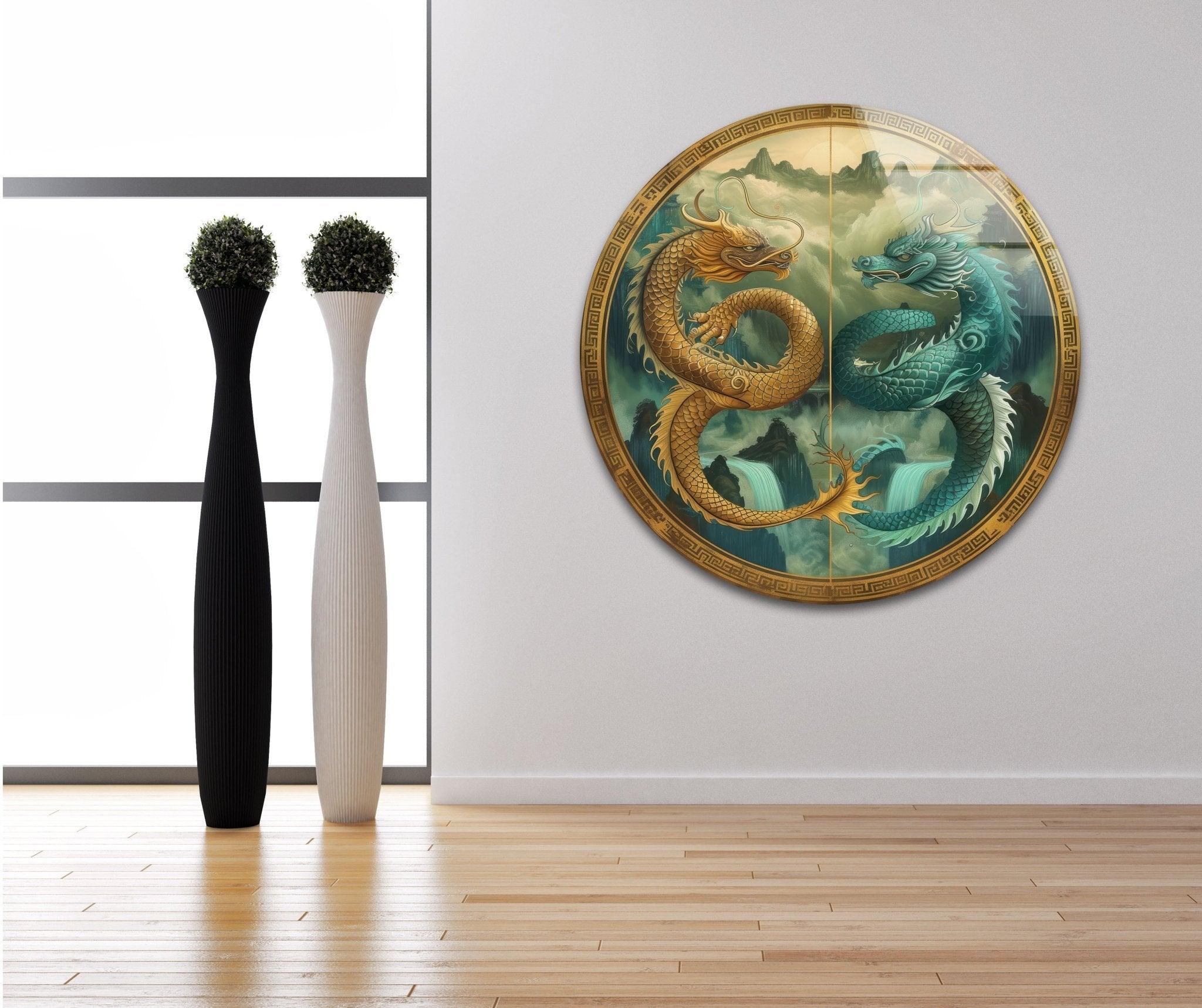 Ao Kuang & Ao Shun Chinese Dragon Glass Wall Art - Elegant Home Decor for Living Room, Bedroom, or Office