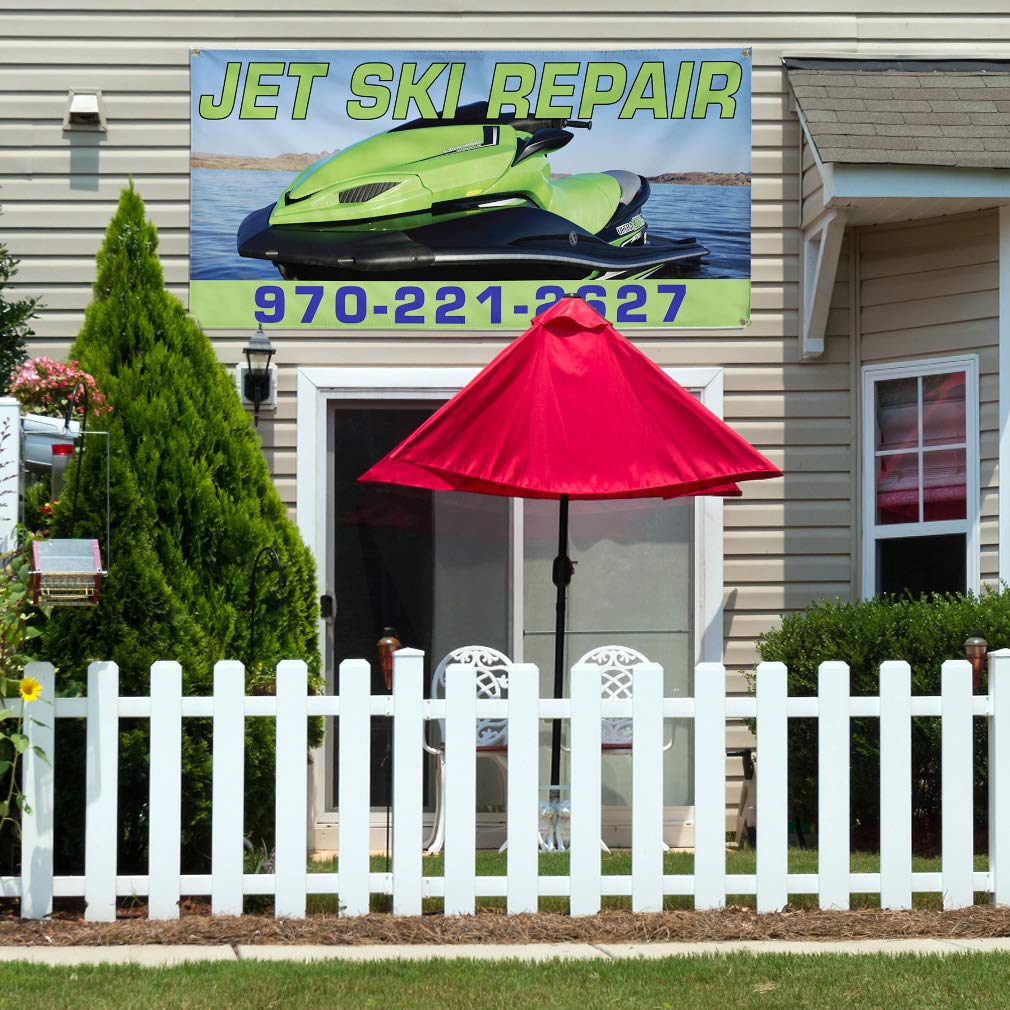 Durable Vinyl Banner for Jet Ski Repair Business - Weatherproof Outdoor Yard Sign with 10 Grommets (60x144 Inches, Blue) - Perfect for Industrial Use, Business Advertising & Outdoor Events