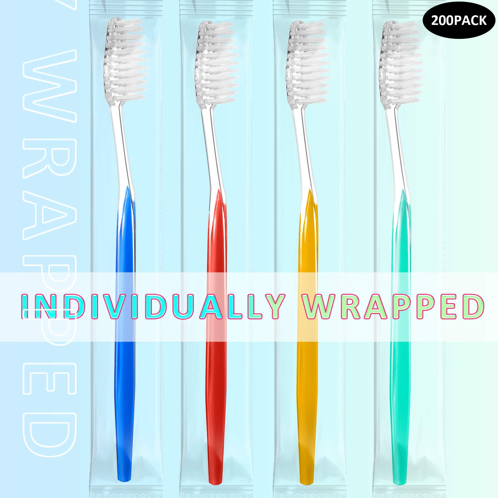 Disposable Toothbrushes Individually Wrapped - Medium Soft Bristle Manual Toothbrush Set for Adults & Kids - Travel Toiletries Essentials (200 Pack, 4 Colors) - Perfect for Travel, Camping, Hotels, and Emergency Kits