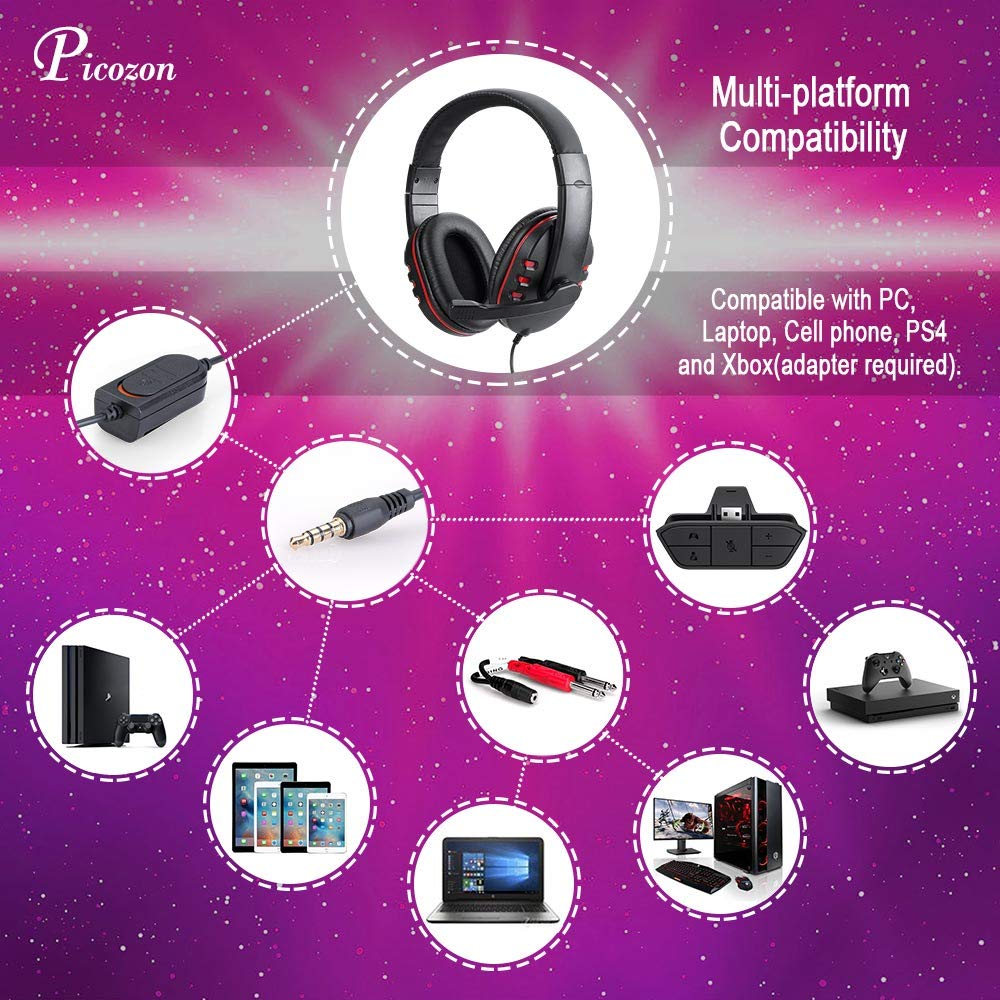 Picozon Gaming Headset with 3.5mm Jack & Built-in Mic - Compatible with PS4, PlayStation Vita, Mac, Laptop, Tablet, PC & Smartphones - Perfect for Gaming, Streaming & Online Meetings