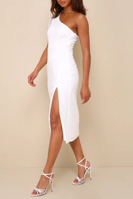 Elegant White Polka Dot Mesh One Shoulder Midi Dress for Women - Perfect for Cocktail Parties, Date Nights & Summer Weddings