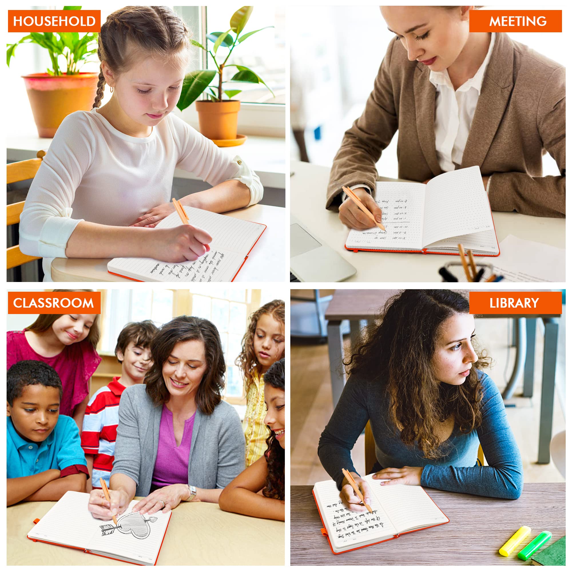 12-Pack A5 Hardcover Notebooks & Journals Set with 12 Black Pens - 120 GSM Ruled Paper, 5.1”x8.3” - Orange - Perfect for School, Office, Business Meetings, Travel Journaling & Note Taking - Includes Pen Holder for Easy Organization