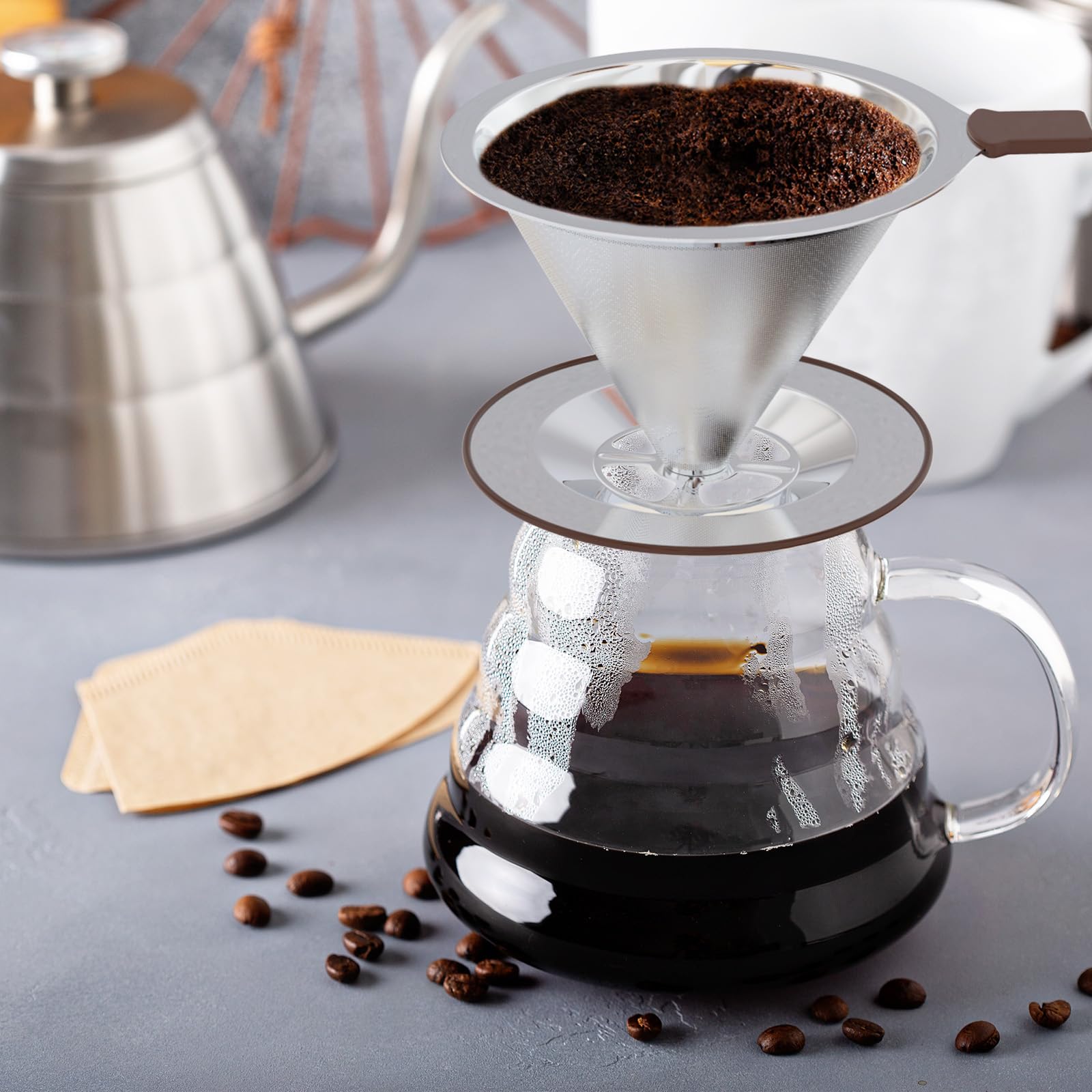 Stainless Steel Pour Over Coffee Maker with Reusable Filter - Drip Cone Brewer for 3-4 Cups, Non-Slip Handle & Rubber Ring - Perfect for Home, Office & Camping Coffee Brewing