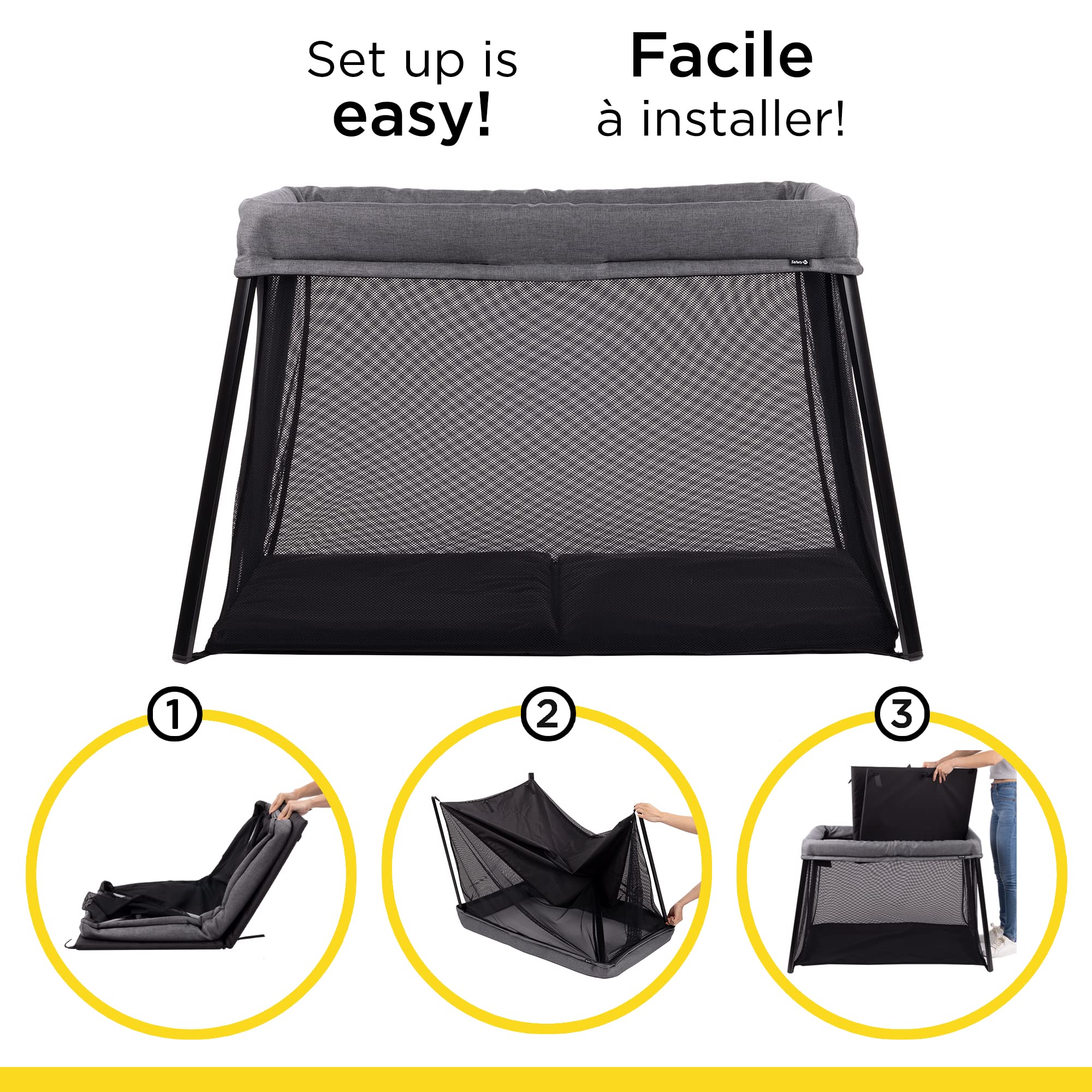 Safety 1st Dream and Go Travel Playard - Lightweight Portable Baby Crib with Soft Mattress & Zip-Up Bassinet | Compact Fold for Easy Storage & Travel | Perfect for Home, Nursery & On-The-Go Use (Grey Wolf)