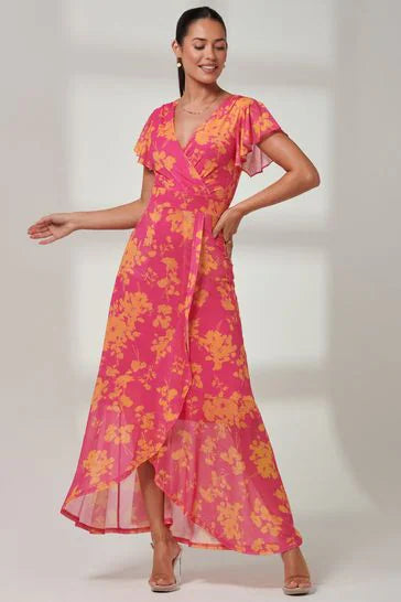 Gisselle Ruffle Hem Maxi Dress - Floral Print Summer Beach Dress for Women, Pink Flowy Long Dress for Vacations, Parties & Outdoor Events