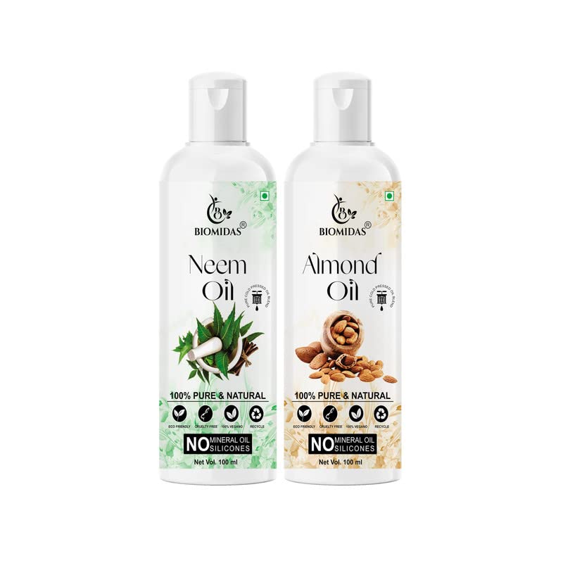 Biomidas 100% Pure Neem Oil & Almond Oil Combo (100ML Each) for Hair Growth, Anti Hair Fall, Split Ends Treatment - Promotes Soft, Shiny Hair - Pack of 2 - Perfect for Daily Hair Care & Scalp Treatment