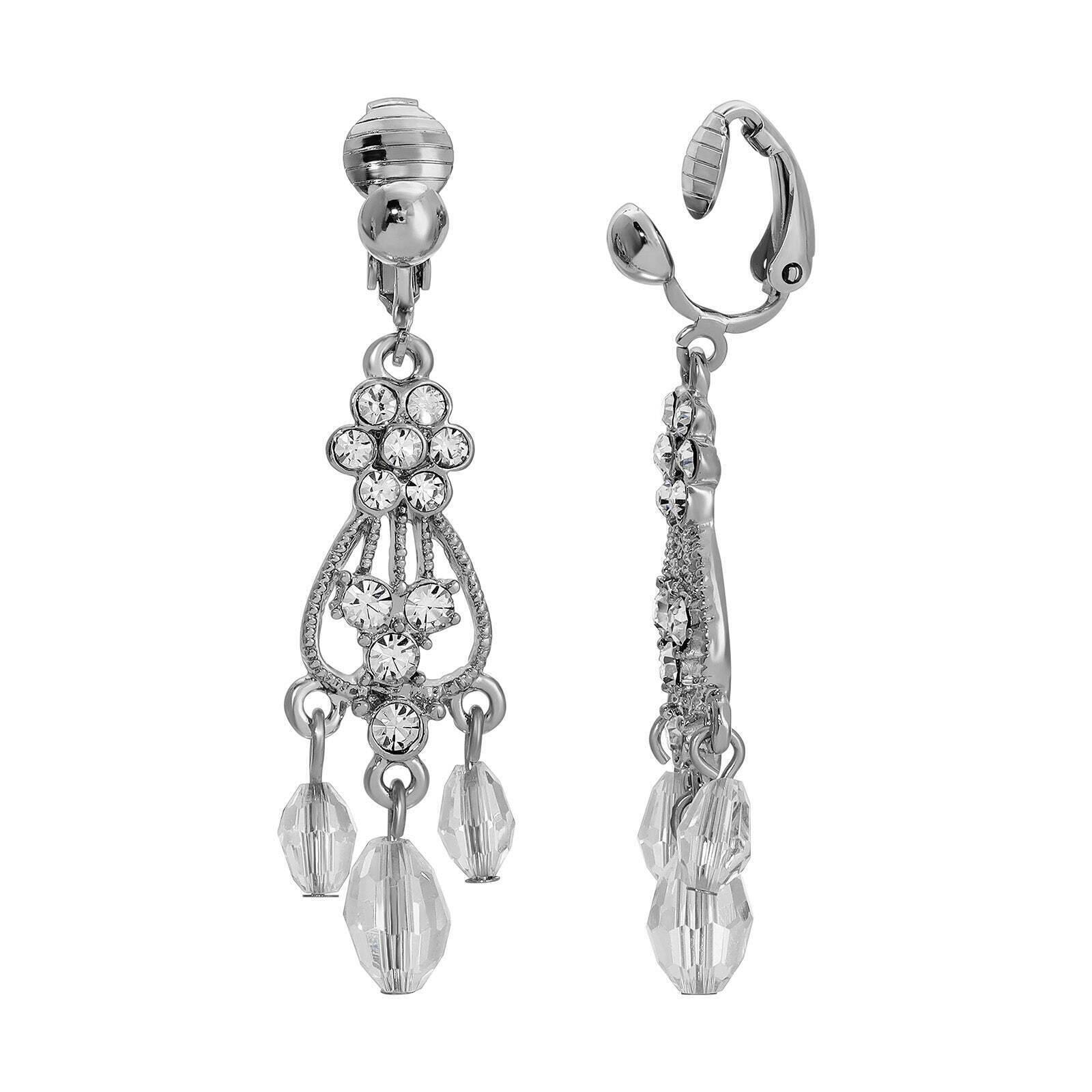 1928 Vintage Crystal Flower Beaded Chandelier Clip-On Earrings for Women | Elegant Dangle Ear Jewelry for Parties, Weddings & Special Occasions