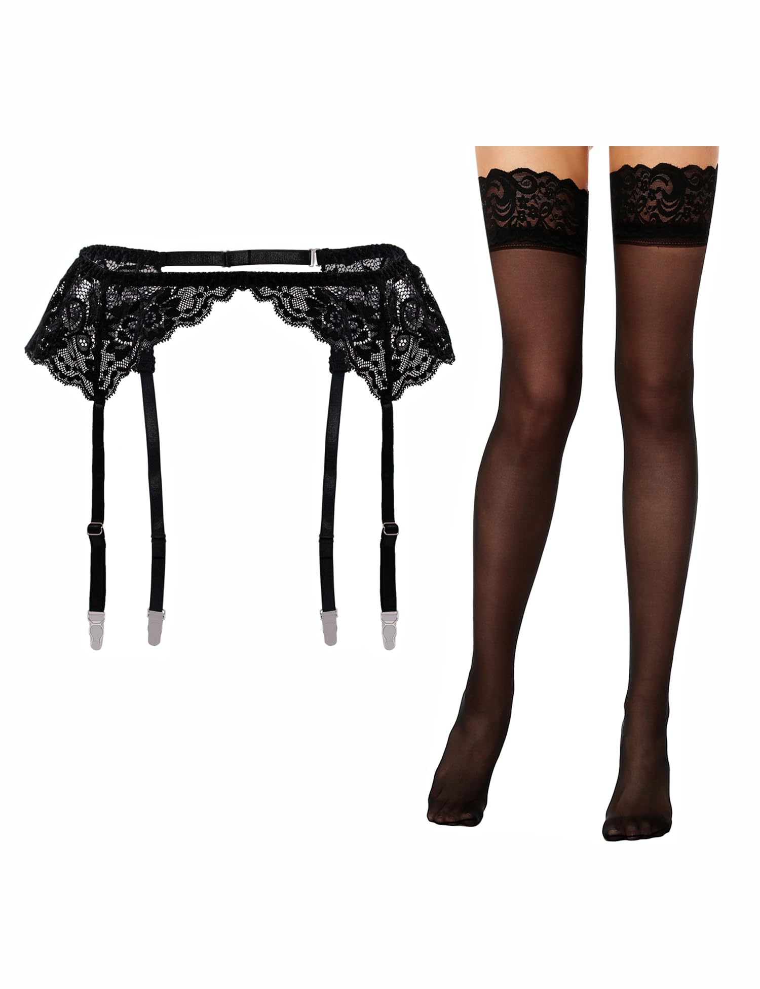 Lidogirl Women's Sexy Lace Garter Belt with Sheer Stockings - Bridal Lingerie, Boudoir, Role Play & Special Occasion Wear