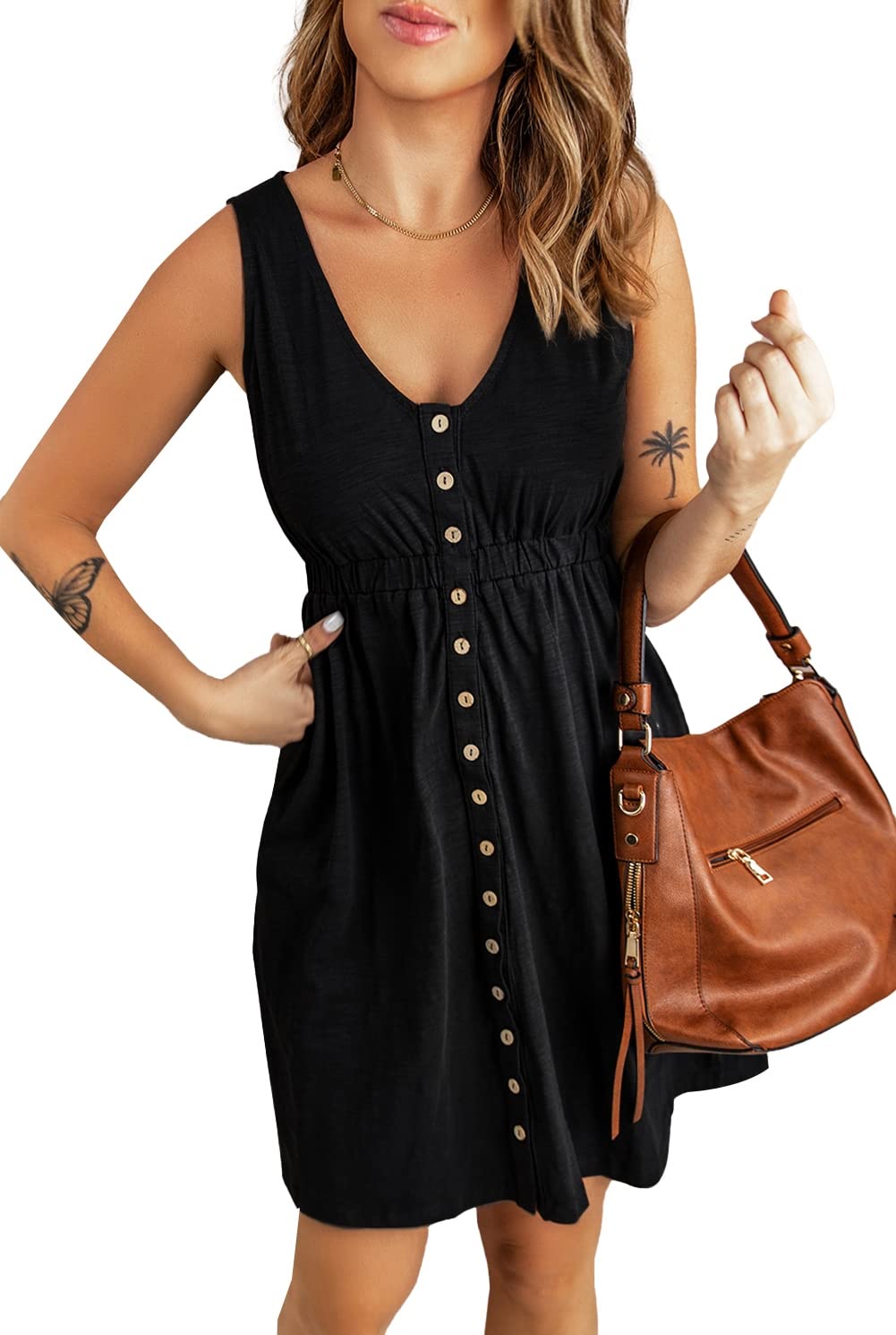 LEMAFER Women's Sleeveless High Waist Mini Dress - Summer Casual Button Down Round Neck Dress for Beach, Party & Vacation Outfits