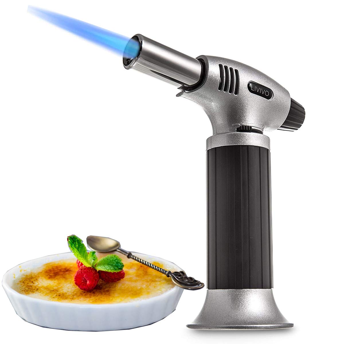 FiNeWaY Refillable Butane Blow Torch Lighter - Adjustable Flame & Safety Lock - Professional Kitchen Torch for Creme Brulee, BBQ, Baking, Desserts & DIY Projects - Silver/Black Culinary Torch for Chefs & Home Cooking