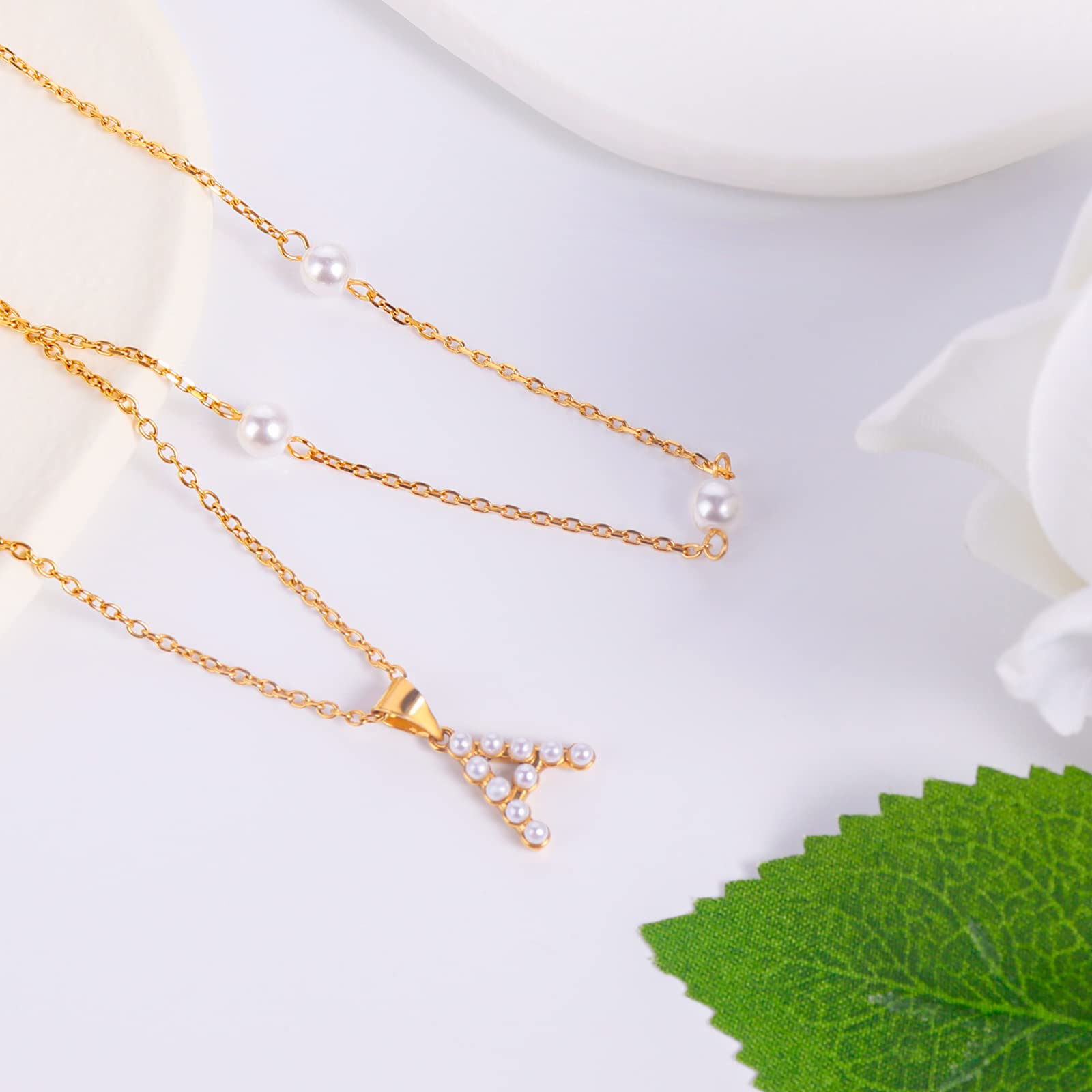 14K Gold Pearl Initial Necklace for Women & Girls - Trendy Dainty Letter Jewelry Gift for Teens - Layered Link Chain Necklace for Everyday Wear, Birthdays & Special Occasions