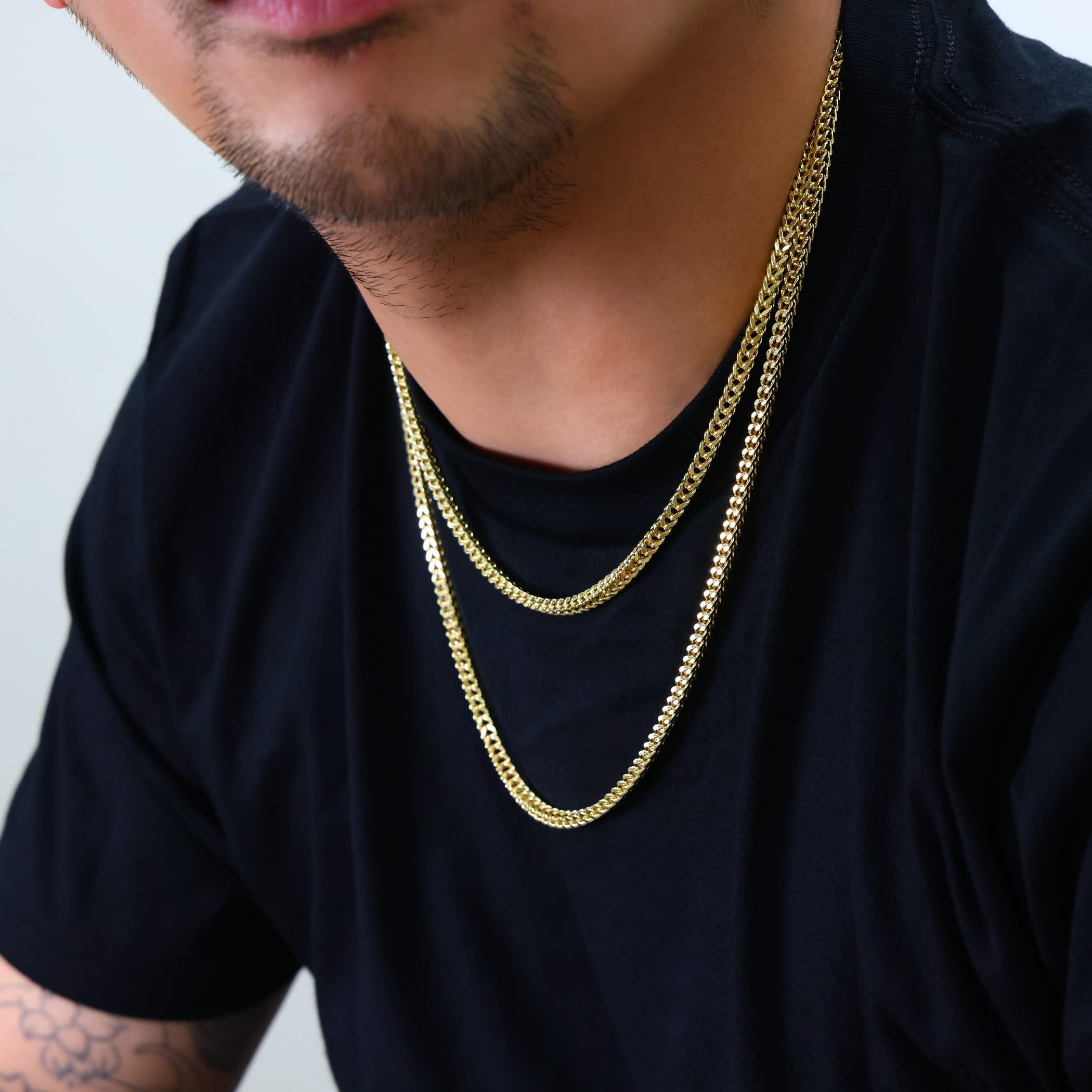 10K Real Yellow Gold Franco Square Box Chain Necklace for Men - 4mm Wheat Link Italian Jewelry (18
