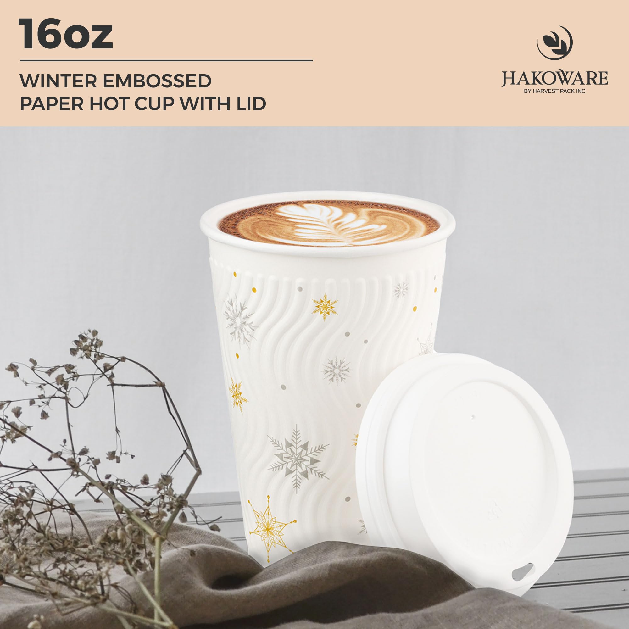 [400 SET] 16 oz Christmas Coffee Cups with Lids - White Snowflake Winter Disposable Paper Cups, Insulated Ripple Wall Design, XMAS Gold & Silver Foil - Perfect for Hot Chocolate, Holiday Parties & Office Gatherings