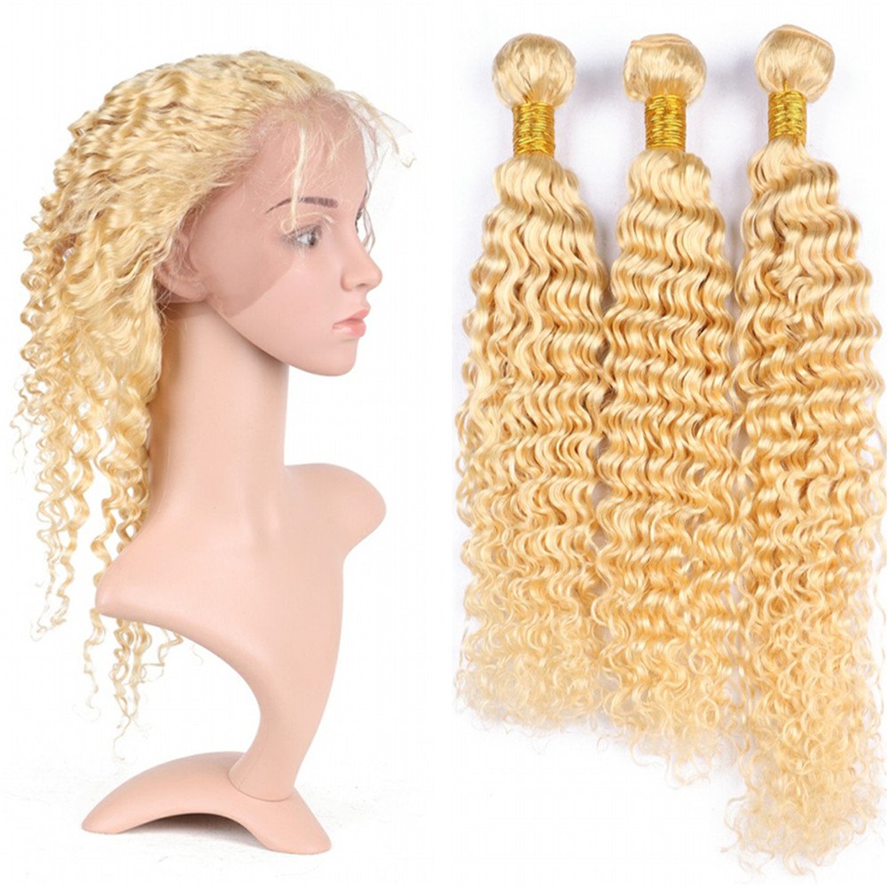 Brazilian Virgin Human Hair 360 Frontal & 3 Bundles - Blonde 613 Deep Wave Pre Plucked Hair Extensions (14/16/18+12 Inch) for Stunning Curly Hairstyles & Everyday Glam Looks
