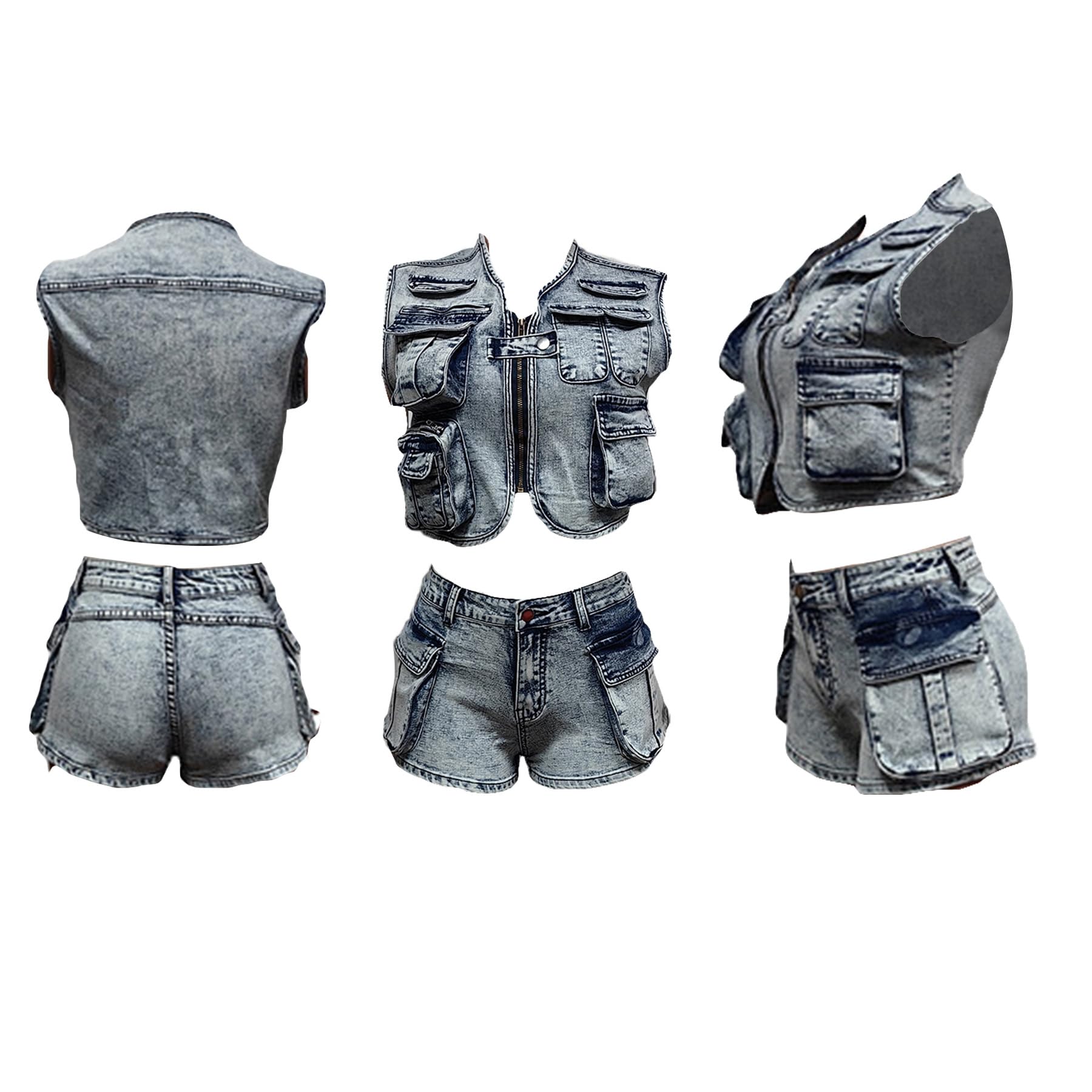 Women's Summer Denim Cargo 2-Piece Outfit Set - Sleeveless Vest & Mini Shorts with Pockets | Casual Streetwear, Beach Vacation, Music Festival Fashion