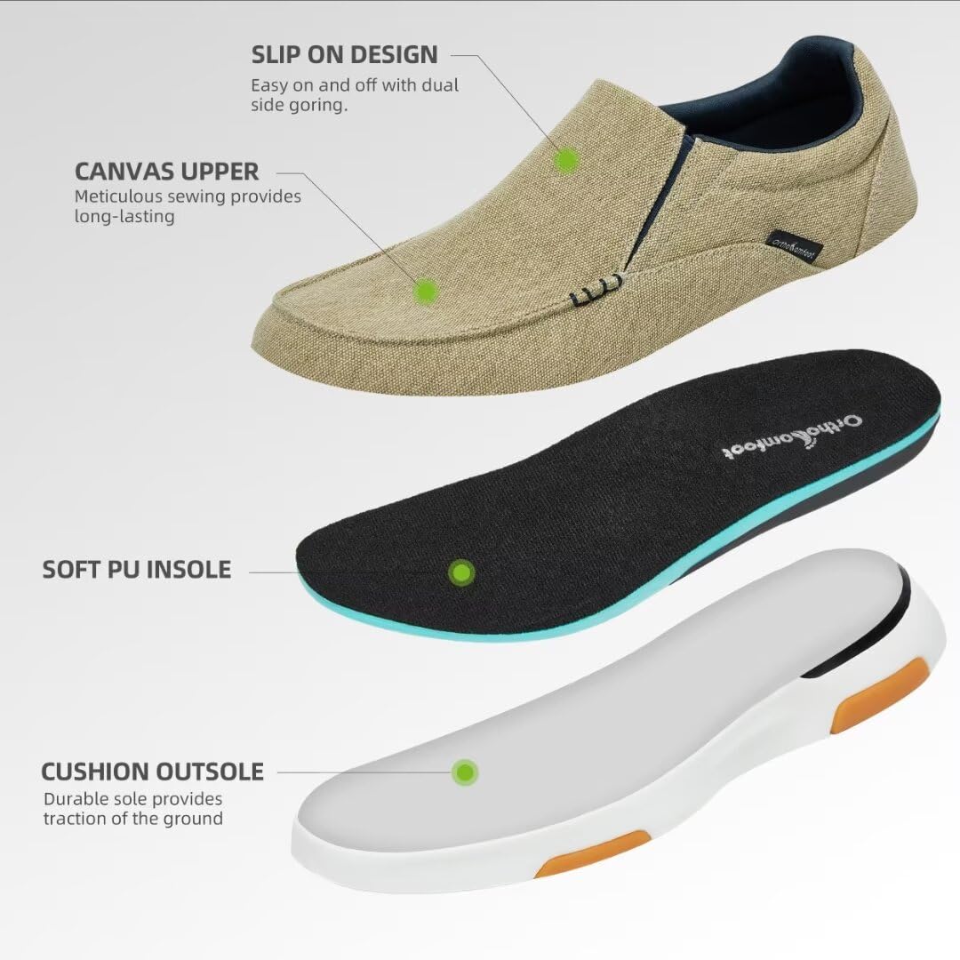 OrthoComfoot Men's Orthopedic Slip-On Shoes with Arch Support - Plantar Fasciitis Relief Loafers for Foot & Heel Pain - Comfortable Canvas Walking Shoes for Work, Travel & Daily Wear