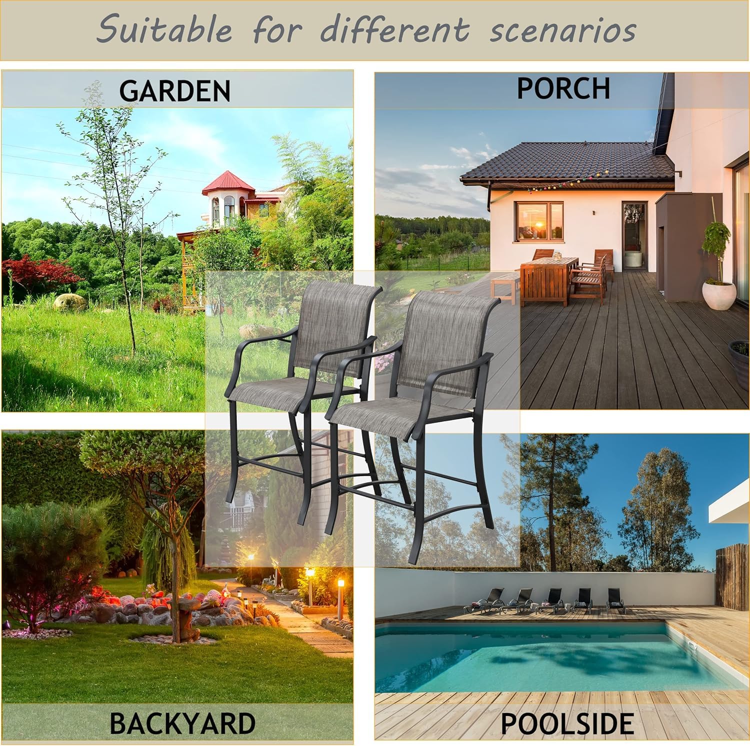 LOKATSE HOME 2-Piece Outdoor Counter Height Bar Stools Set - Metal Patio Armchairs with Backrest, Grey - Perfect for Backyard, Deck, Garden & Poolside Dining