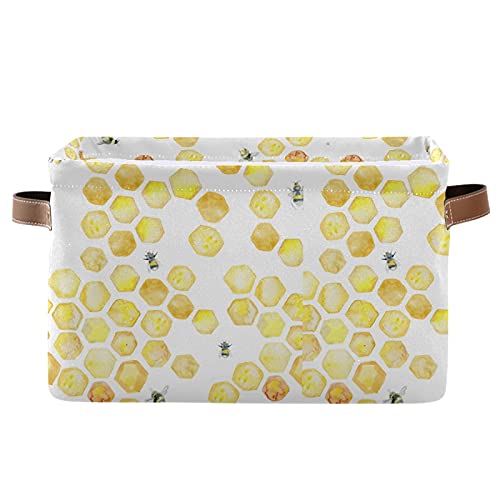 Honeycomb Bees Collapsible Storage Basket with PU Handles - Waterproof Organizer for Nursery, Laundry & Home Organization (1 Pack) | Perfect for Kids' Room, Bathroom & Closet Storage