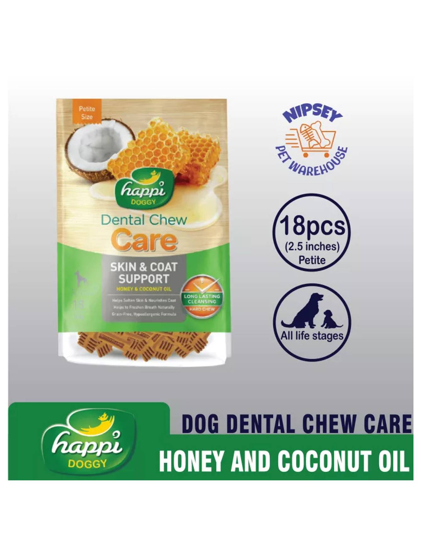 Happi Doggy Dental Chew Treats for Dogs - Honey & Coconut Oil Flavor - Skin & Coat Support - 150g (2 Size Options) - Perfect for Teeth Cleaning and Healthy Coat Maintenance