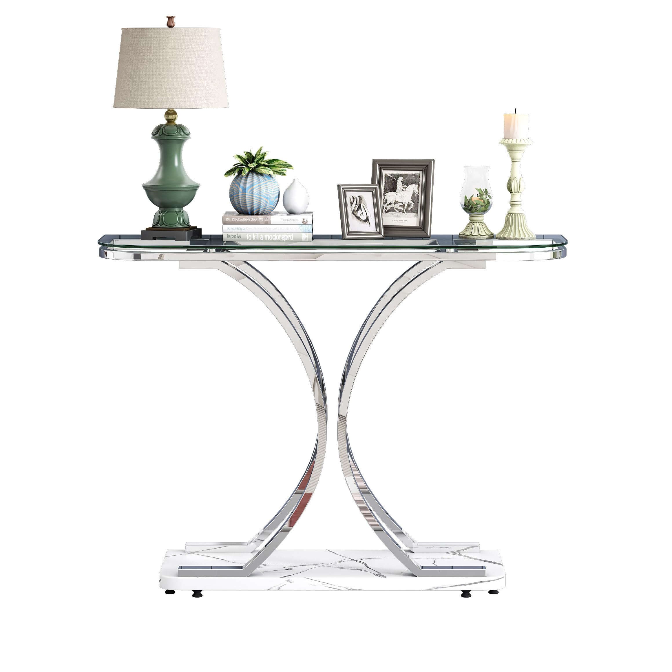 Modern Silver Glass Console Table with Curved Frames & White Marble Base - Elegant Entryway Sofa Table for Living Room, Hallway, Foyer | Perfect for Home Decor, Small Space Furniture & Apartment Entryways