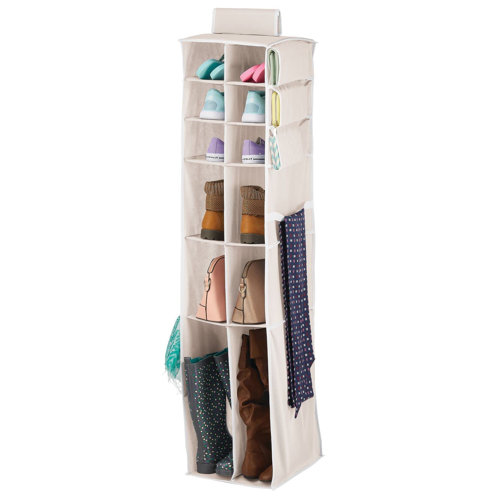 mDesign 12-Shelf Fabric Closet Organizer with Side Pockets - Soft Hanging Storage for Nursery, Kids Room - Perfect for Diapers, Wipes, Lotions & Toys (Cream/White) | Space-Saving Baby & Child Organization Solution