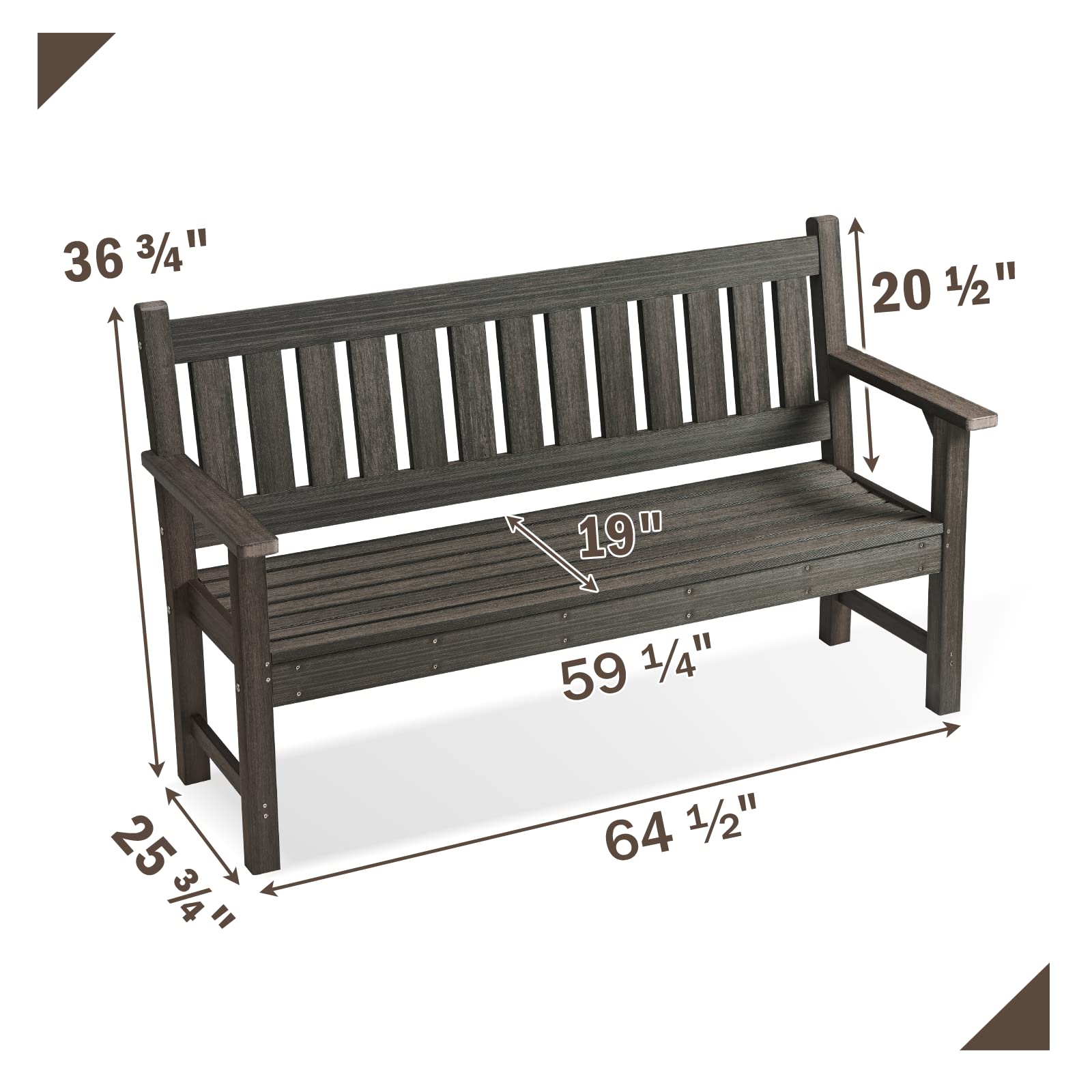 3-Person Outdoor Bench - Durable Poly Lumber Garden Bench for Patio, Porch & Park - Weather-Resistant Dark Brown - Perfect for Backyard Relaxation & Outdoor Entertaining