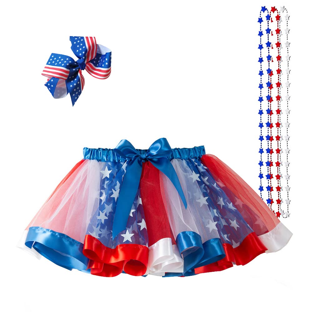 4th of July Girls Tutu Skirt Set - Red White Blue Patriotic Outfit with US Flag Design, Star Necklace & Hair Bows - Perfect for Independence Day Parades, Parties & Photo Shoots