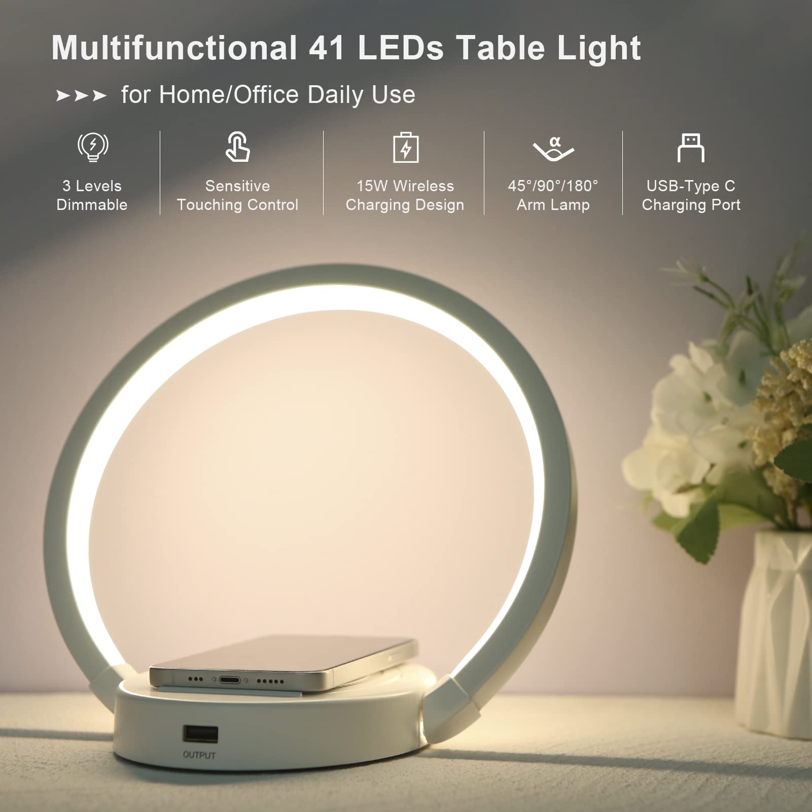 Wireless Charging LED Desk Lamp with 3-Level Dimmable Brightness & Adjustable Light Angle - Touch Control Bedside Reading Light for Office, Home, Study Room | Perfect for Night Reading, Working & Phone Charging