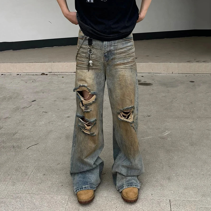 American Style Men's Jeans - Washed Distressed Mud Dyed Contrast Color Denim Pants - Straight Wide Leg Fit for Casual Wear & Street Style | Perfect for Everyday Outfits, Parties, and Urban Fashion