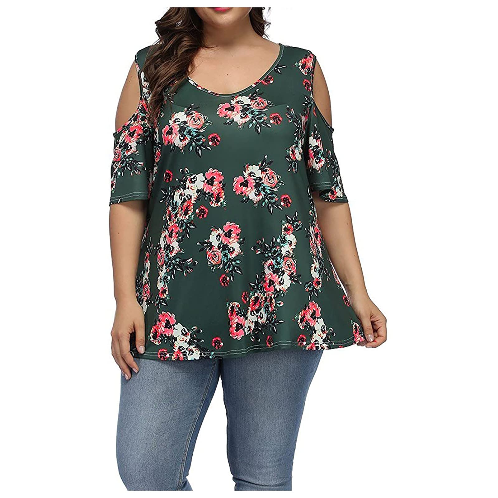 Plus Size Pink High Low Tops for Women - Floral Print Round Neck Tunic with Sweet Sleeves | Casual Outfits, Date Nights & Spring Fashion