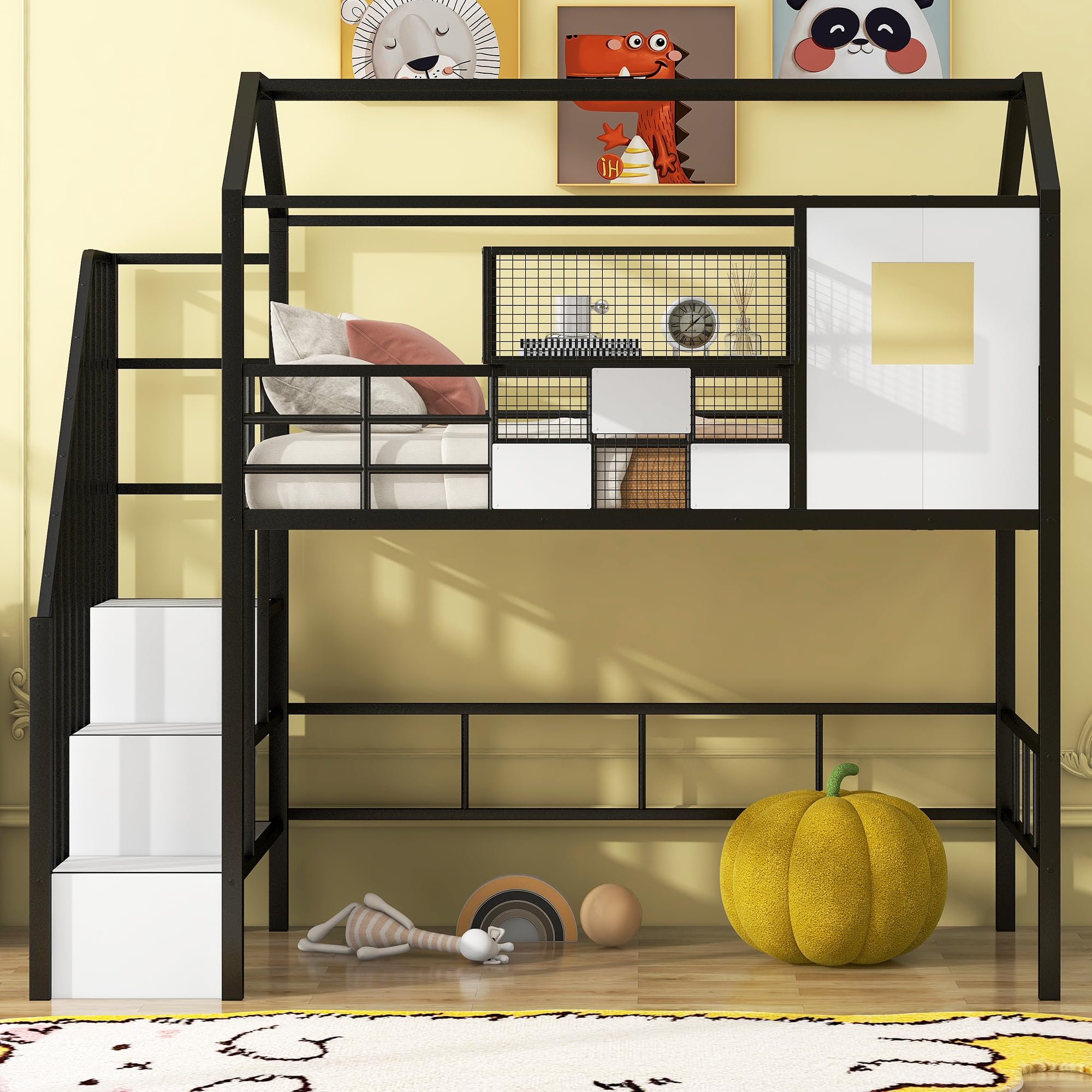 **Twin Size Loft Bed with Storage Stairs, Roof, Window & Guardrail – Metal House Loft Bed for Kids & Teens – Space-Saving Black Twin Loft Bed with Storage Box – Perfect for Small Rooms, Dormitories & Kids' Bedrooms**