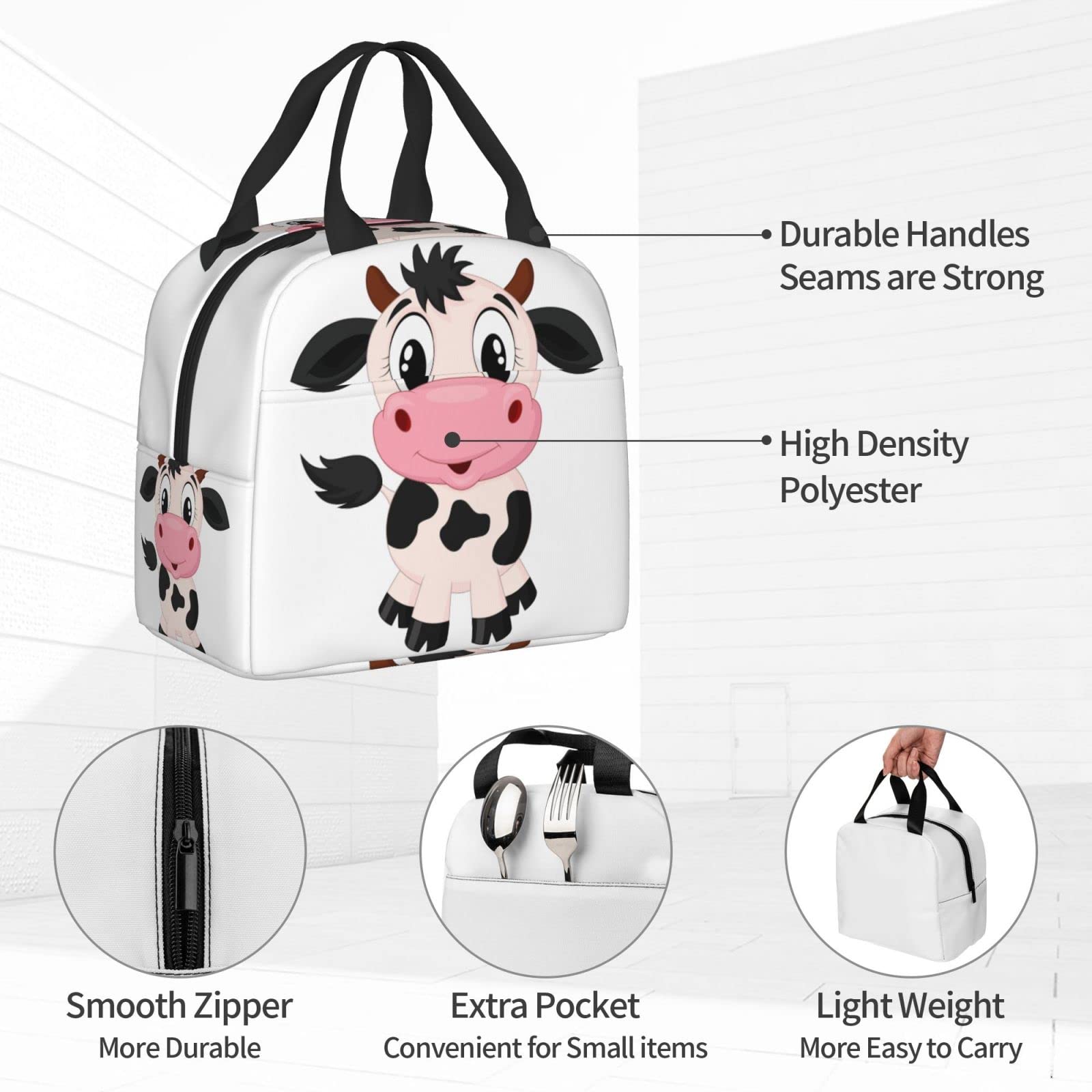 **Insulated Lunch Box with Cute Cartoon Milk Cow Design - Reusable Meal Bag for School, Work, Travel & Picnic - Food Container for Kids, Men & Women**