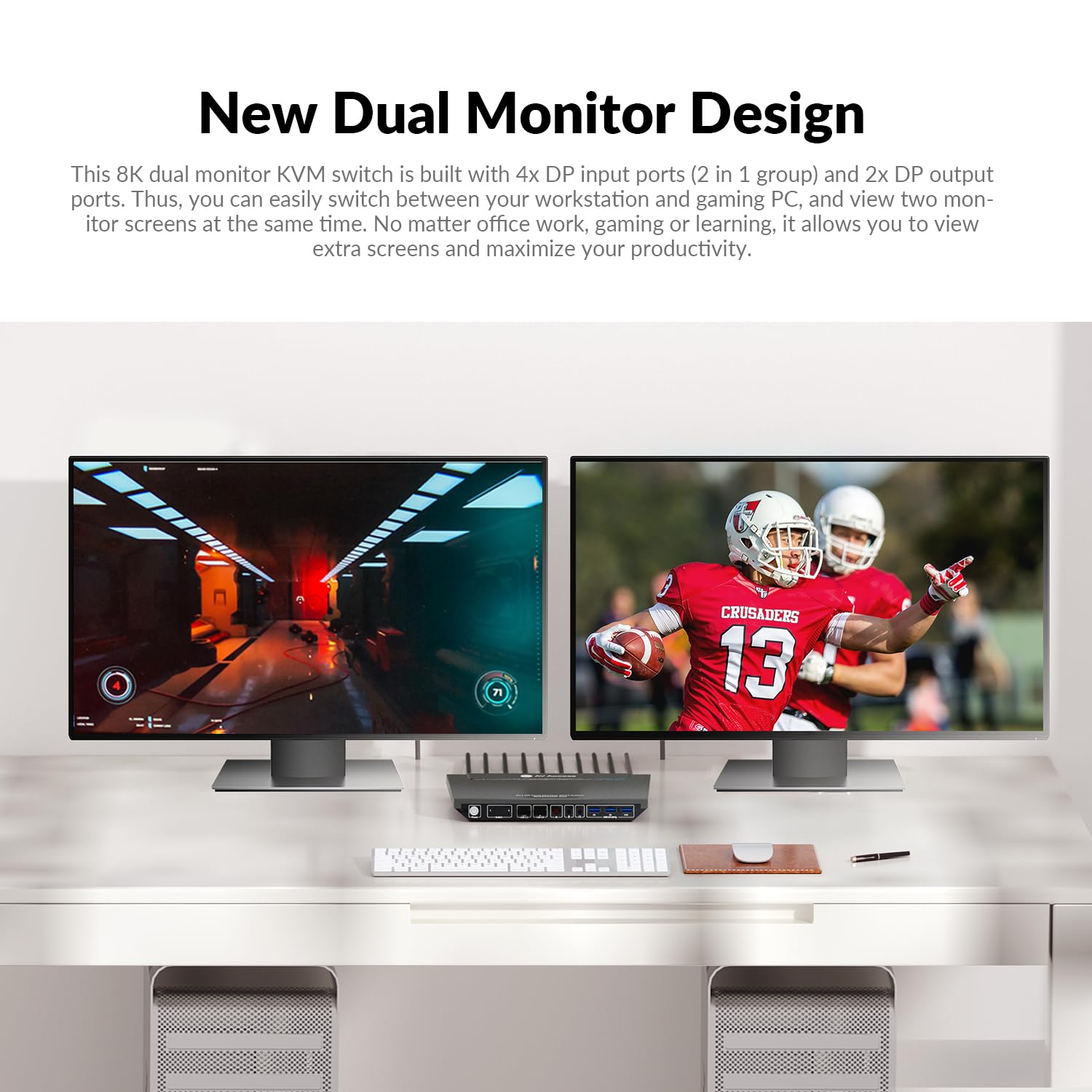 AV Access 8K DisplayPort KVM Switch for 2 Monitors & 2 Computers - Hotkey Switching, IR Remote, USB 3.0 Ports, Auto Wake-Up, Audio Out, DP1.4 Support (8K@60Hz, 4K@165Hz/144Hz) - Ideal for Gaming, Office & Multi-Tasking Workstations