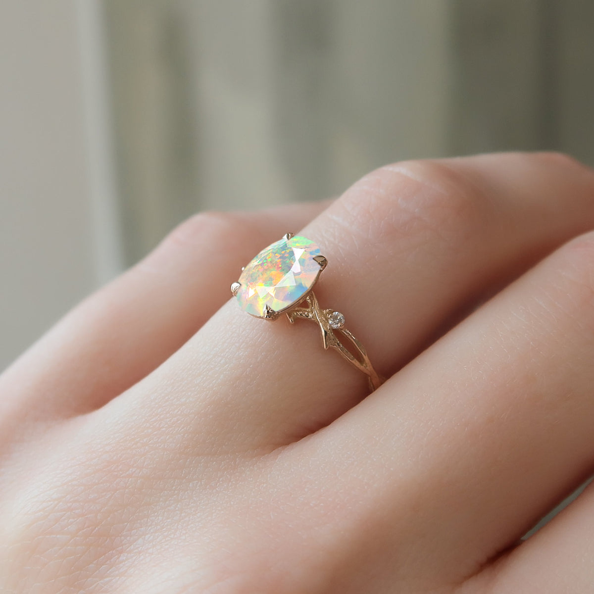 Natural White Opal Crossover Solitaire Ring with Side Stones - Elegant Wedding, Engagement & Anniversary Jewelry Gift for Women