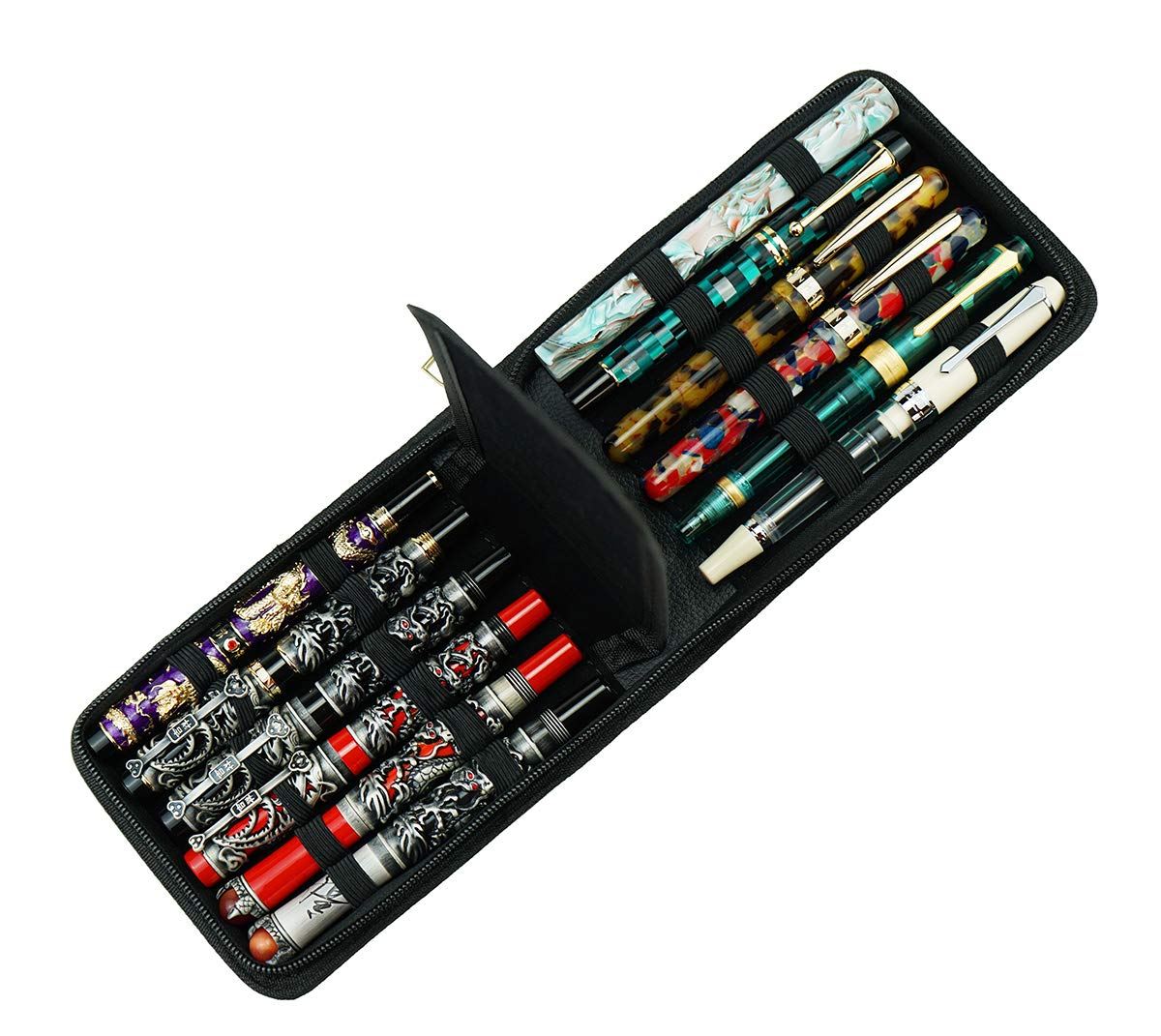 12-Slot Fountain Pen Case PU Leather - Rollerball Pen Display Holder & Storage Pouch with Large Capacity for Collectors (Black) - Perfect for Travel, Office & Gift Giving