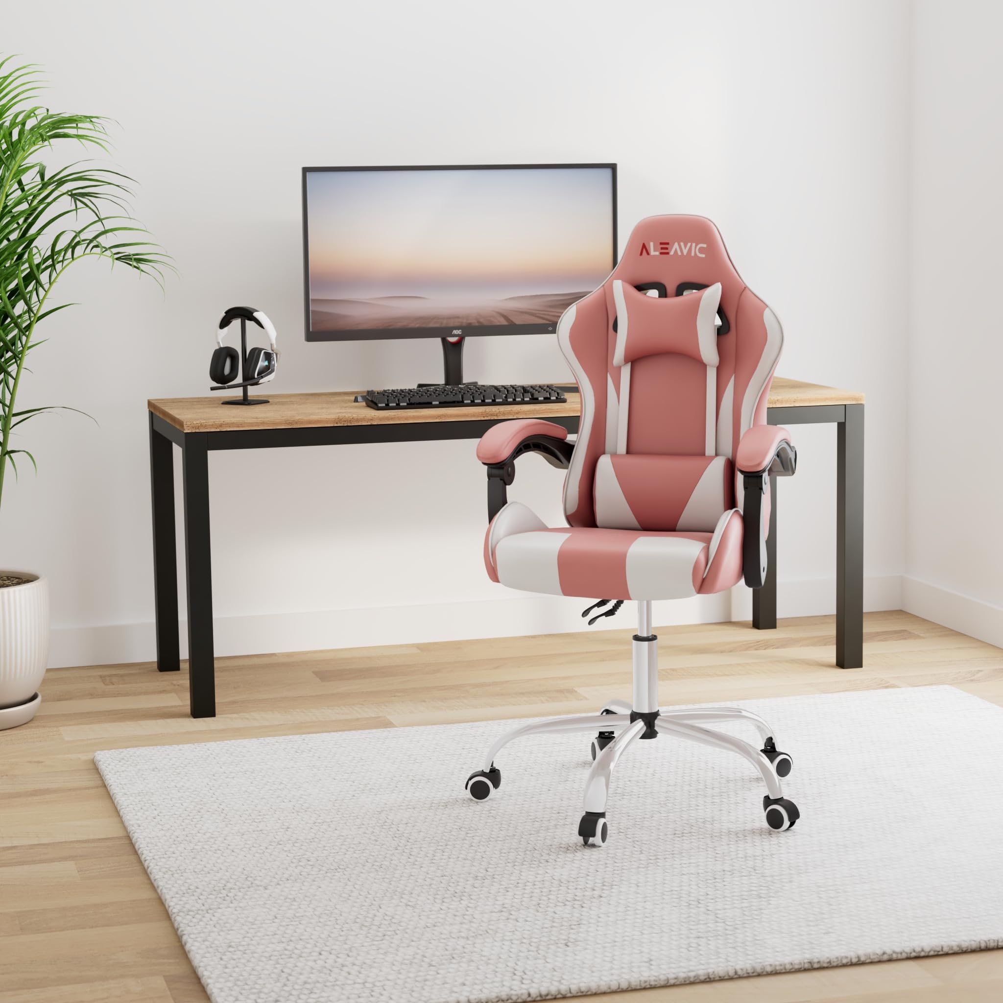 ALEAVIC Ergonomic Gaming Chair for Adults - High Back Computer Chair with Adjustable Headrest & Lumbar Support - Pink & White - Perfect for PC Gaming, Office Work & Home Desk Setup
